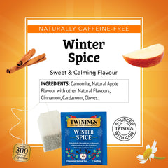 Twinings Winter Spice features cinnamon, cardamom, and clove for cozy flavor.