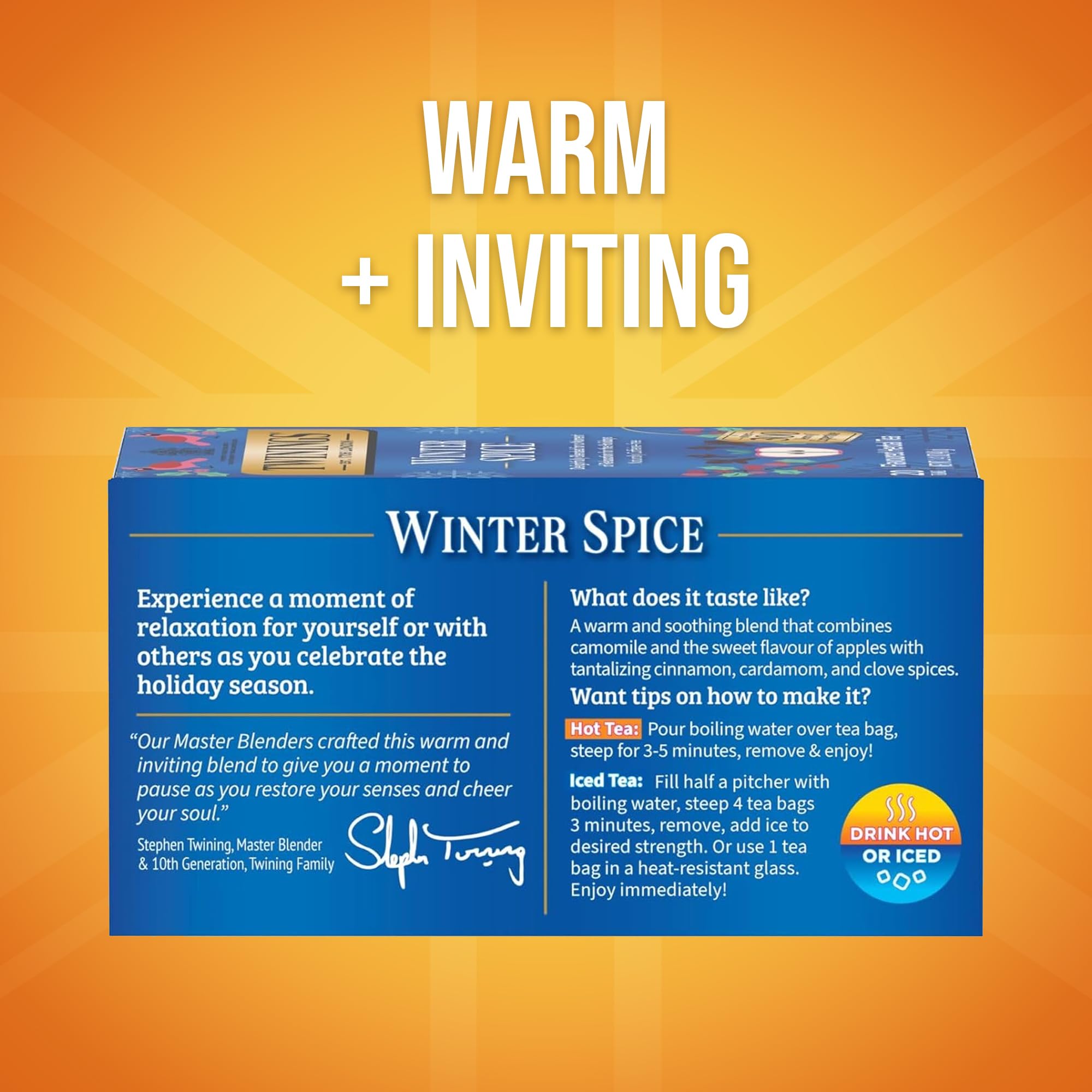 Twinings Winter Spice cup of hot tea releasing warm aroma for winding down.