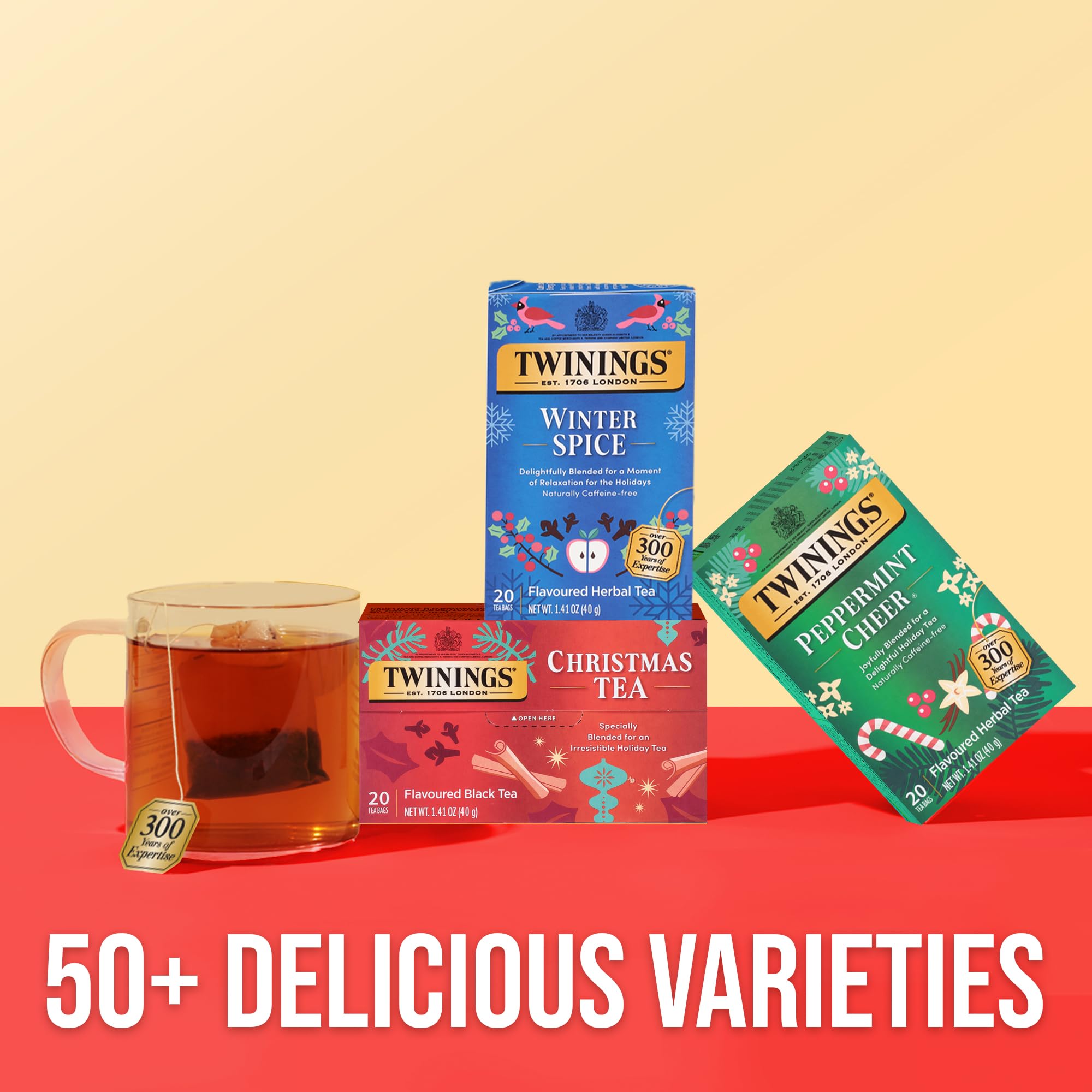 Twinings Winter Spice packaging emphasizes responsible sourcing and holiday warmth.