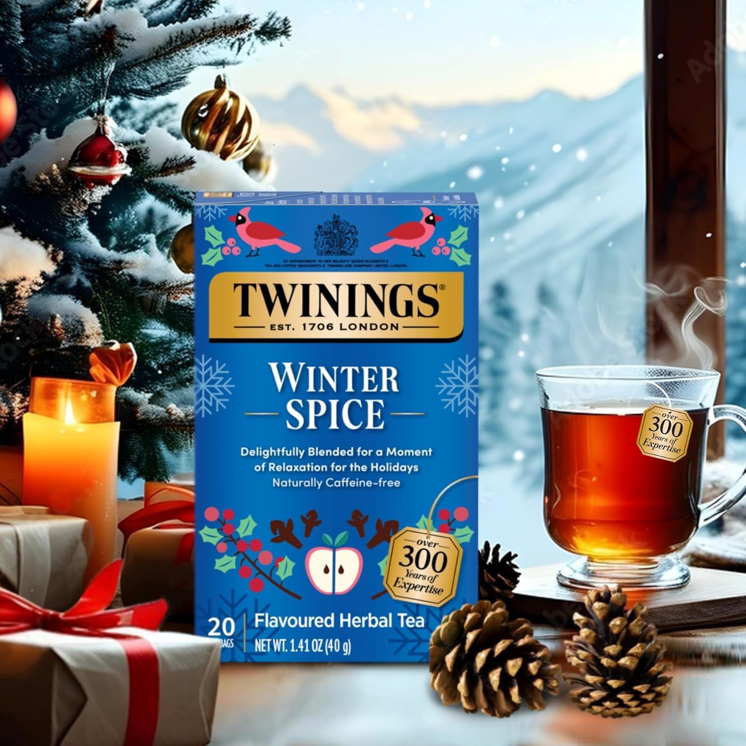Twinings Winter Spice Tea bags closeup showing chamomile and spices