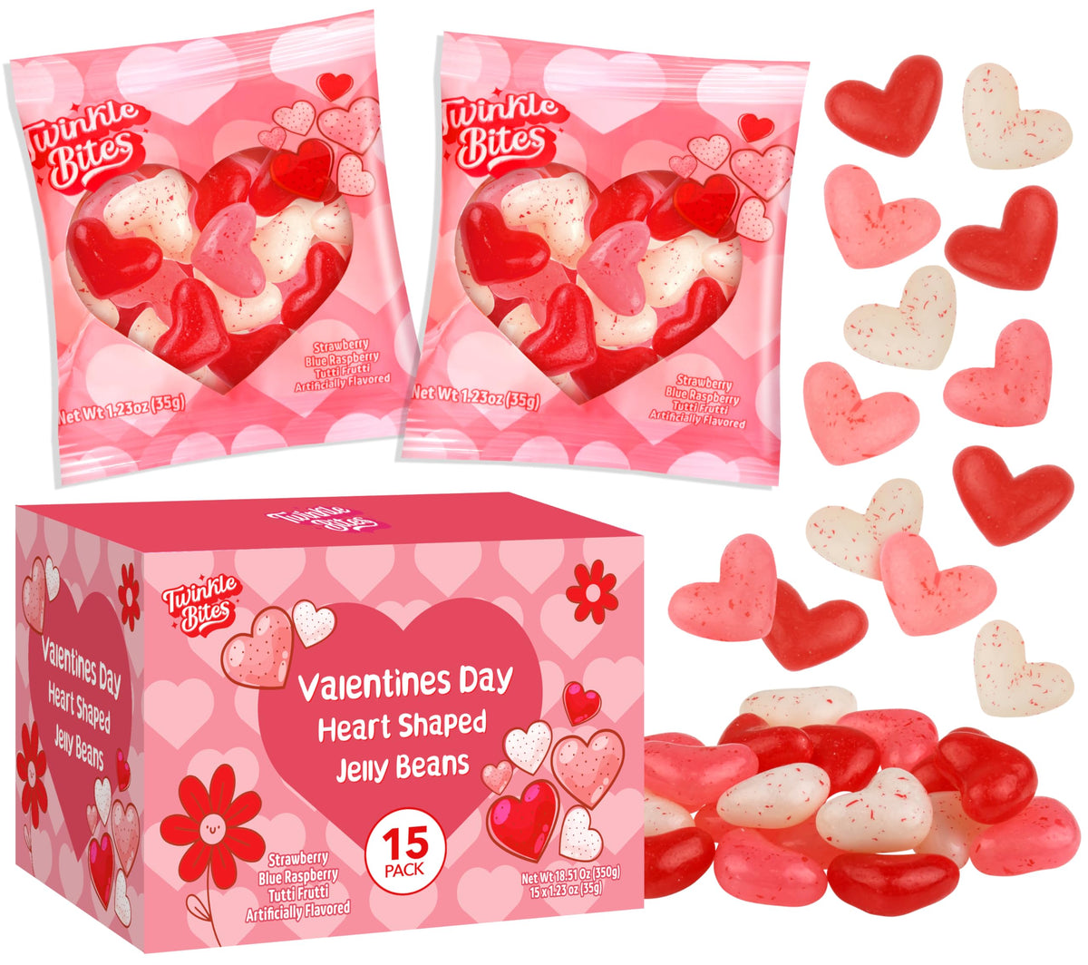 Twinkle Bites heart-shaped jelly beans in a 15-pack, ideal for classroom sharing