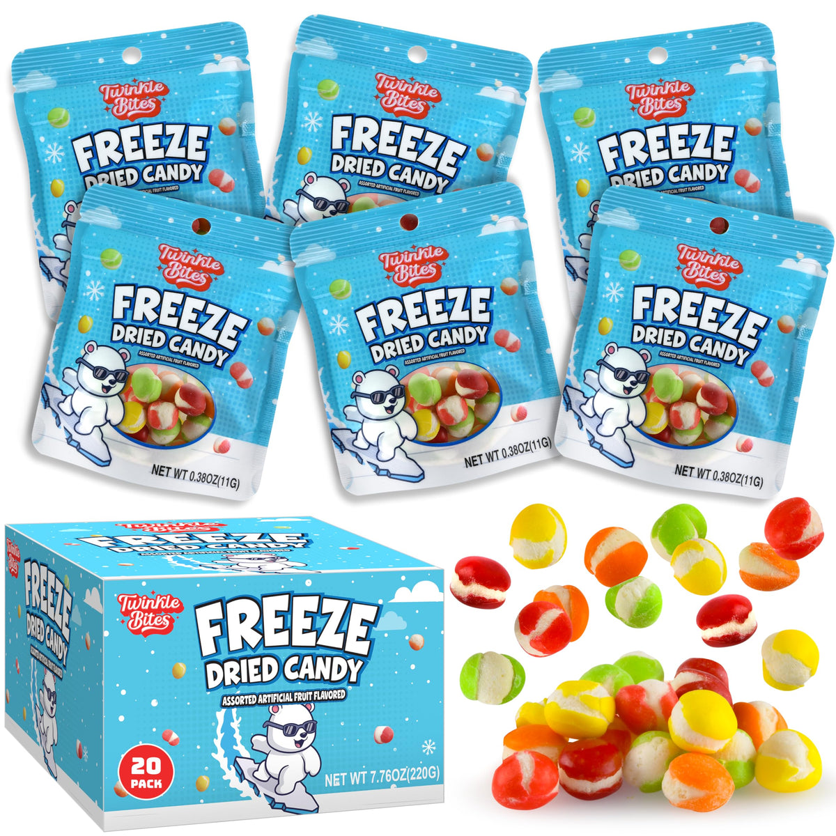 Twinkle Bites freeze-dried candy display bag shows crisp texture, ideal for party favors.