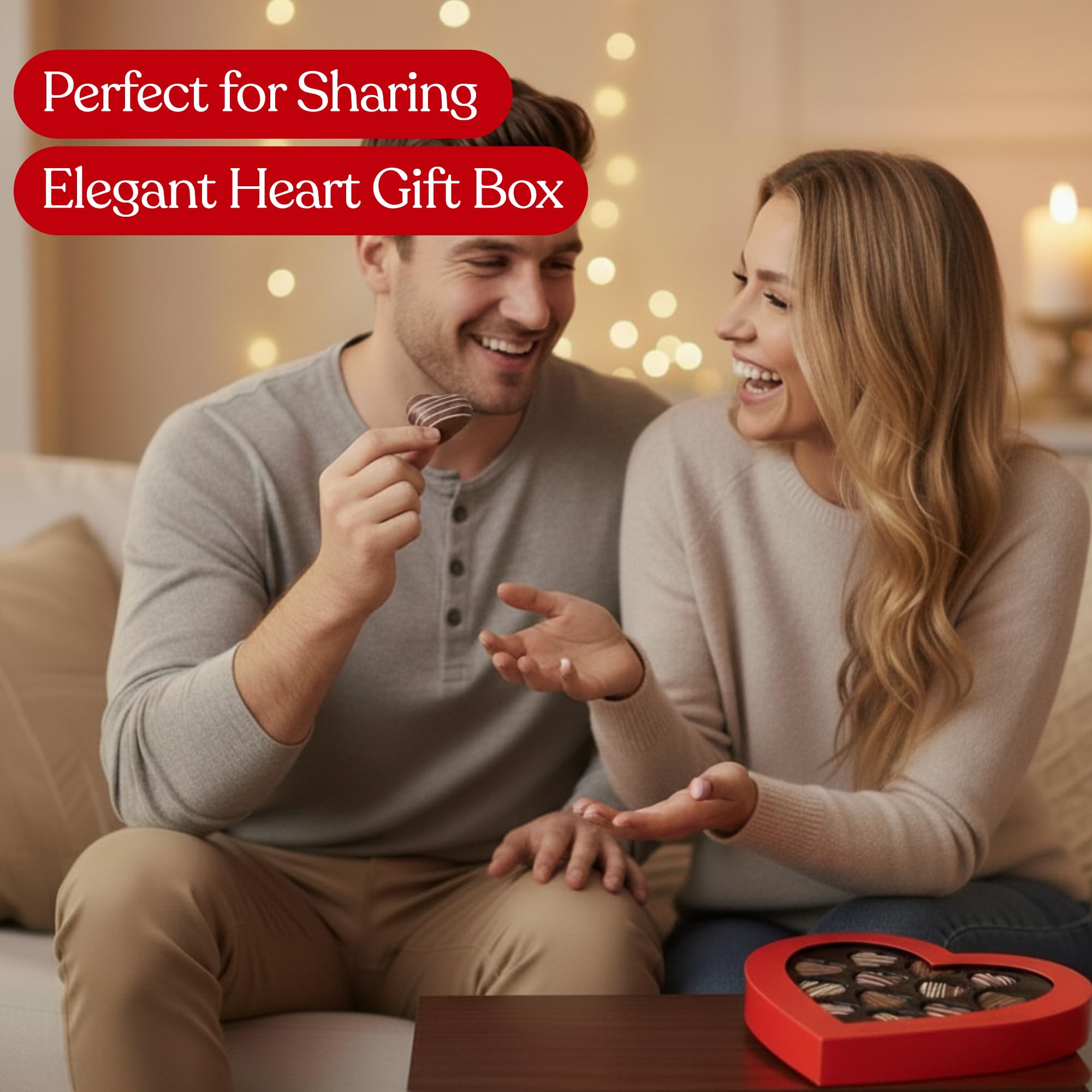 Twinkle Bites heart chocolates close-up with drizzle, appetizing for romantic moments.