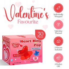 Strawberry flavored Twinkle Bites lollipop delivers fruity sweetness in a festive heart shape.