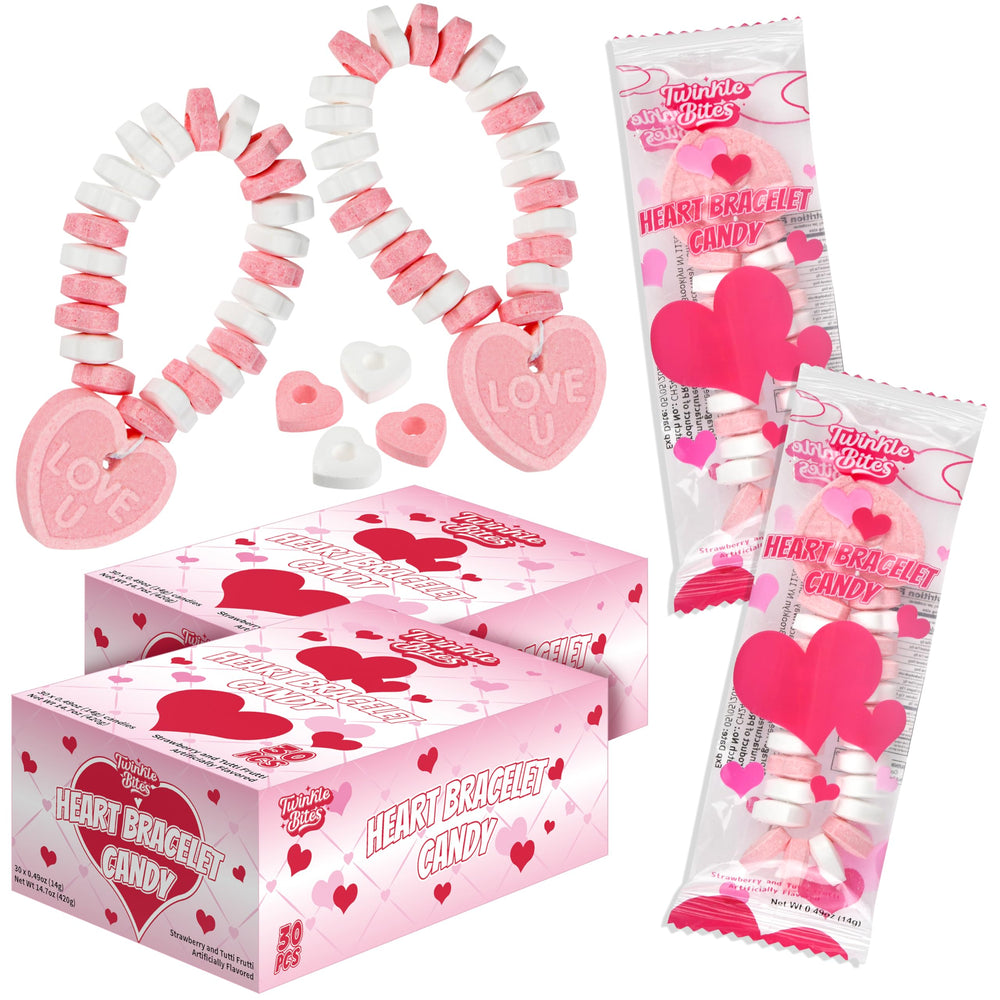 Twinkle Bites valentines bracelet box with heart candies for party favors