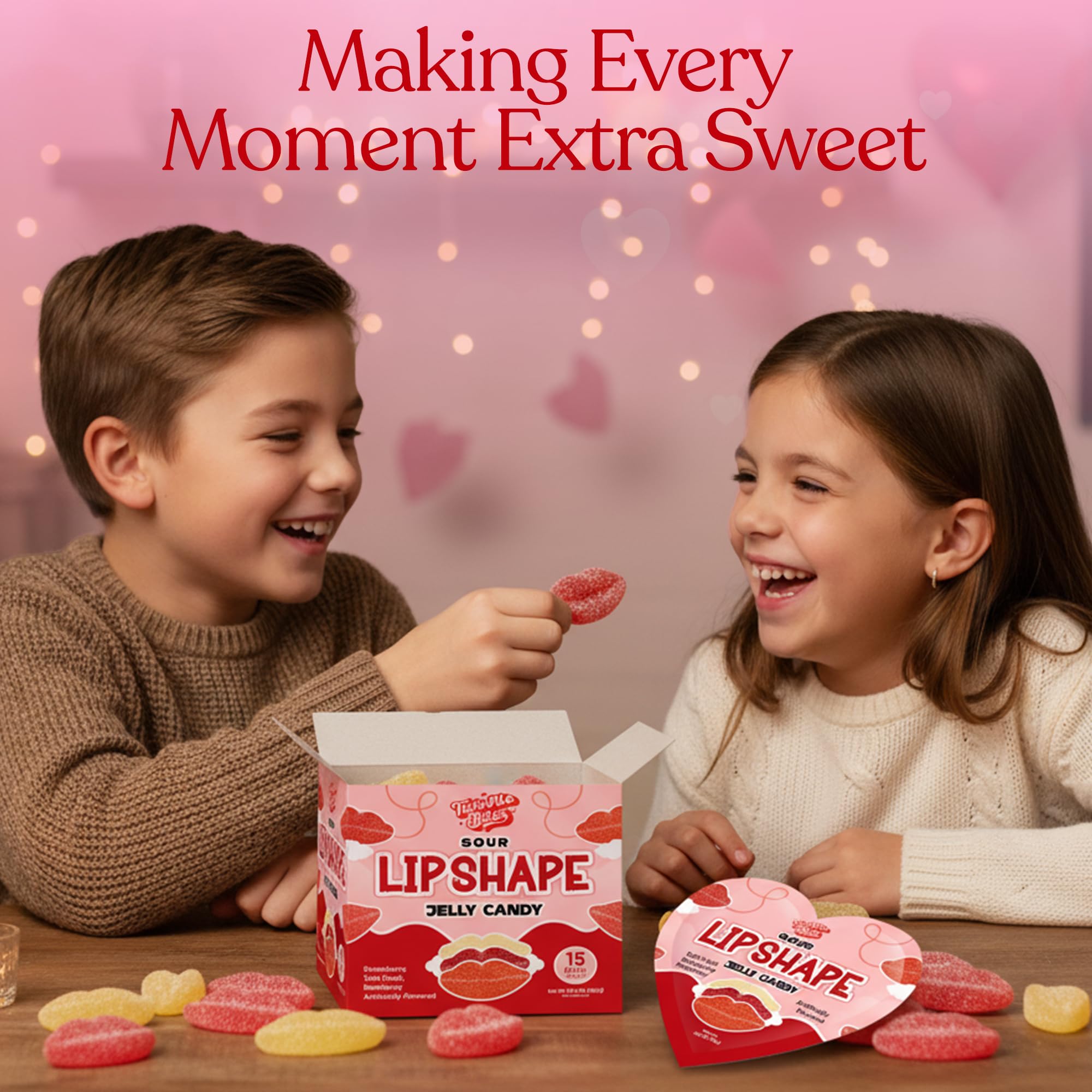 Twinkle Bites classroom exchange setup with lip-shaped gummies