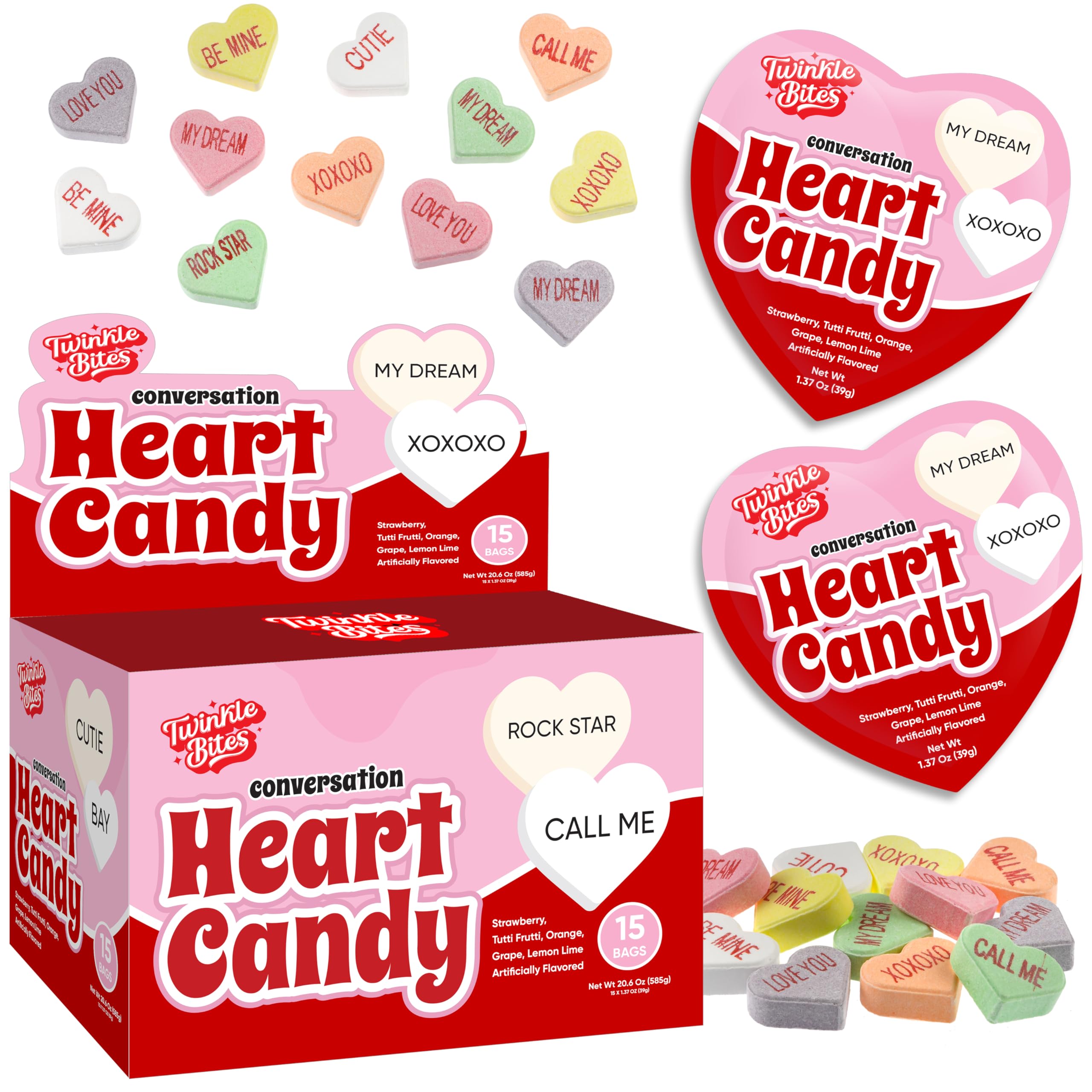 Twinkle Bites valentines heart bags box, gift-ready for classroom celebrations and party favors.