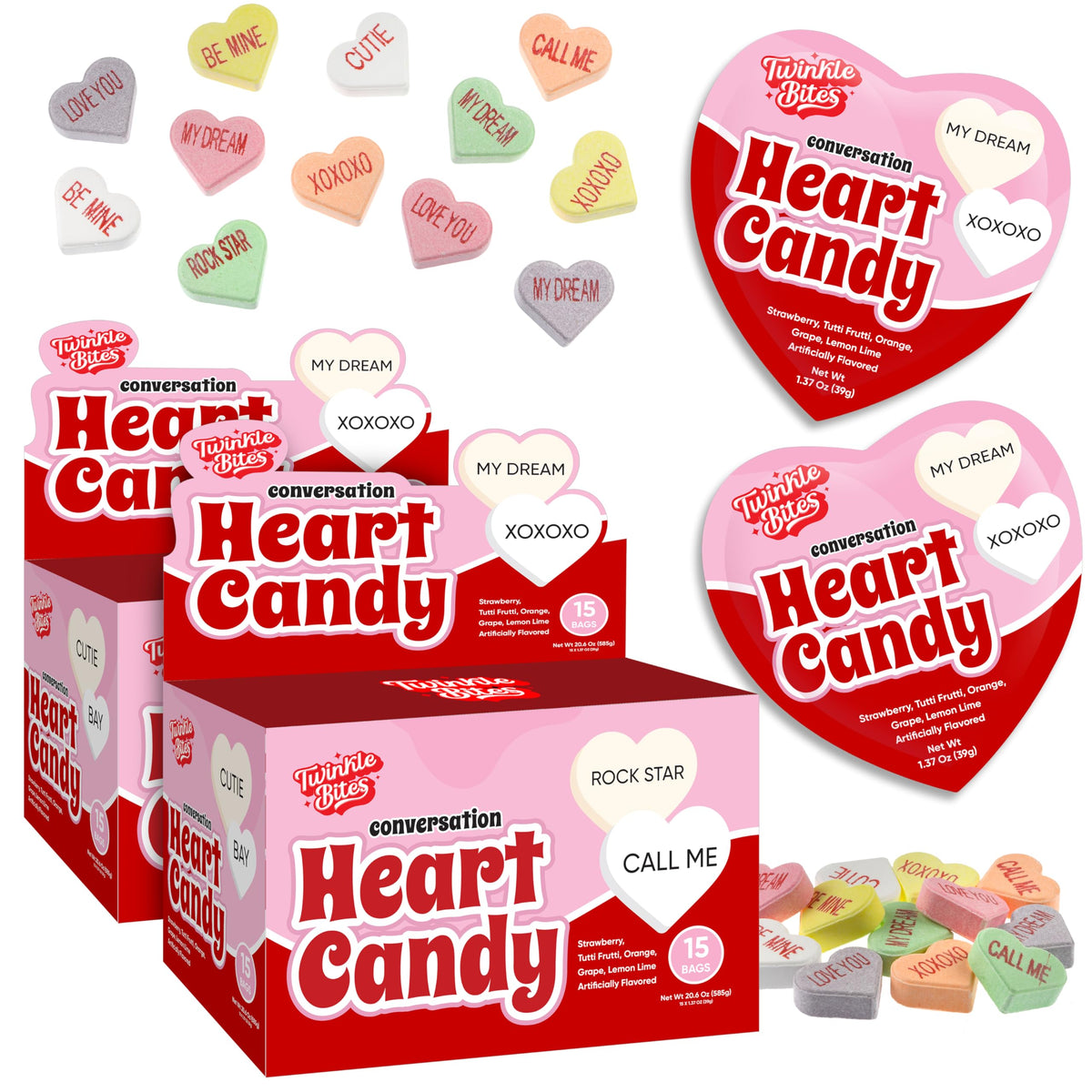 Twinkle Bites valentines hearts box with 30 heart bags for classroom exchanges