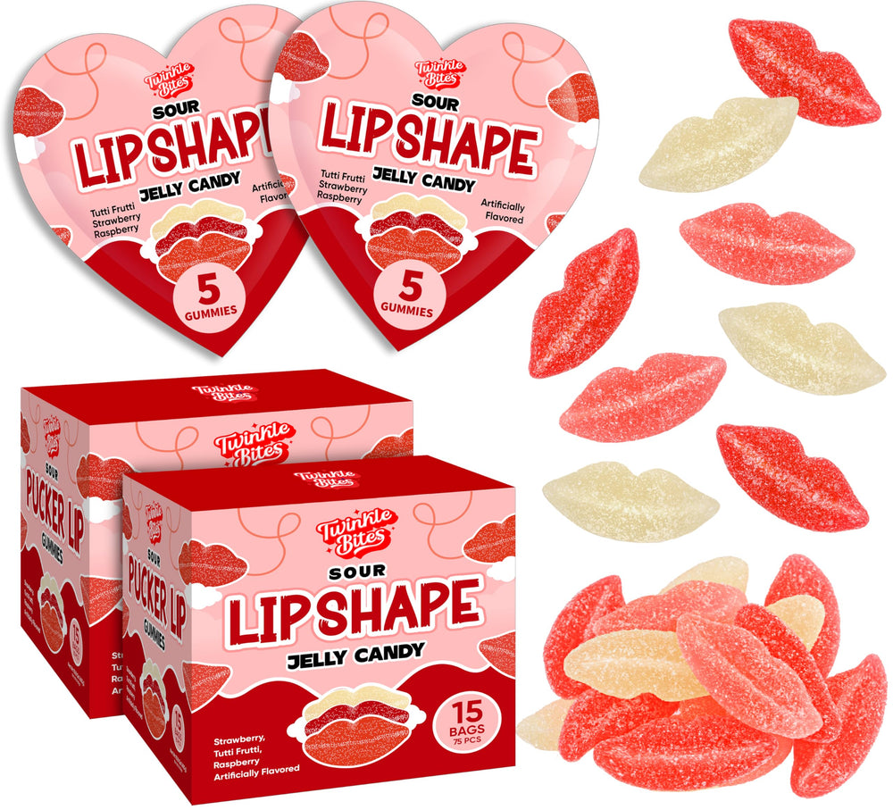 Twinkle Bites Valentine lip-shaped gummies in a playful candy display for gifting