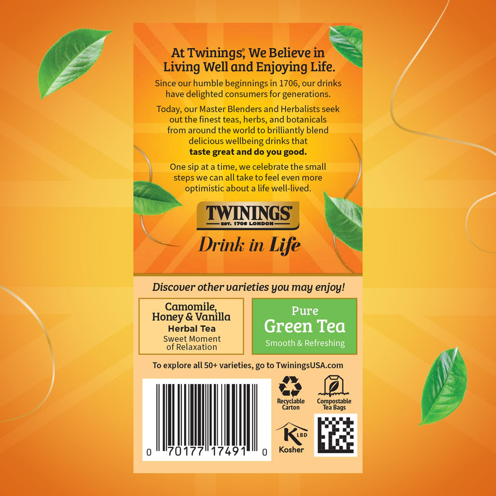 Twinings individually wrapped tea bags for freshness on the go.