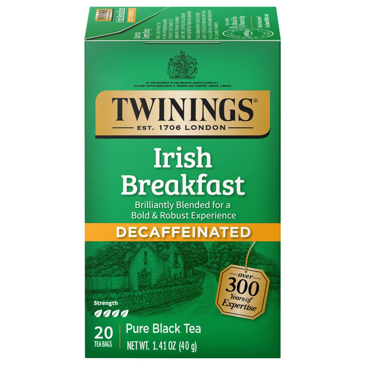 Twinings Irish Breakfast Decaf tea bag with bold flavor and caffeine-free option.
