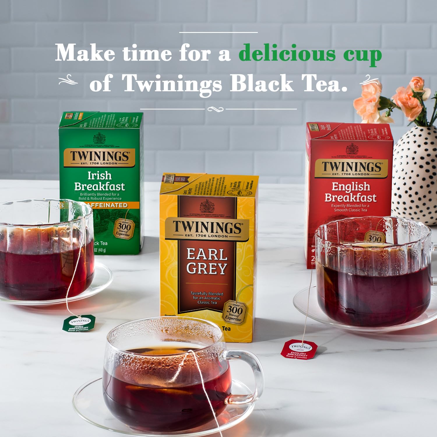 Twinings Irish Breakfast packaging close-up, premium black tea presentation.