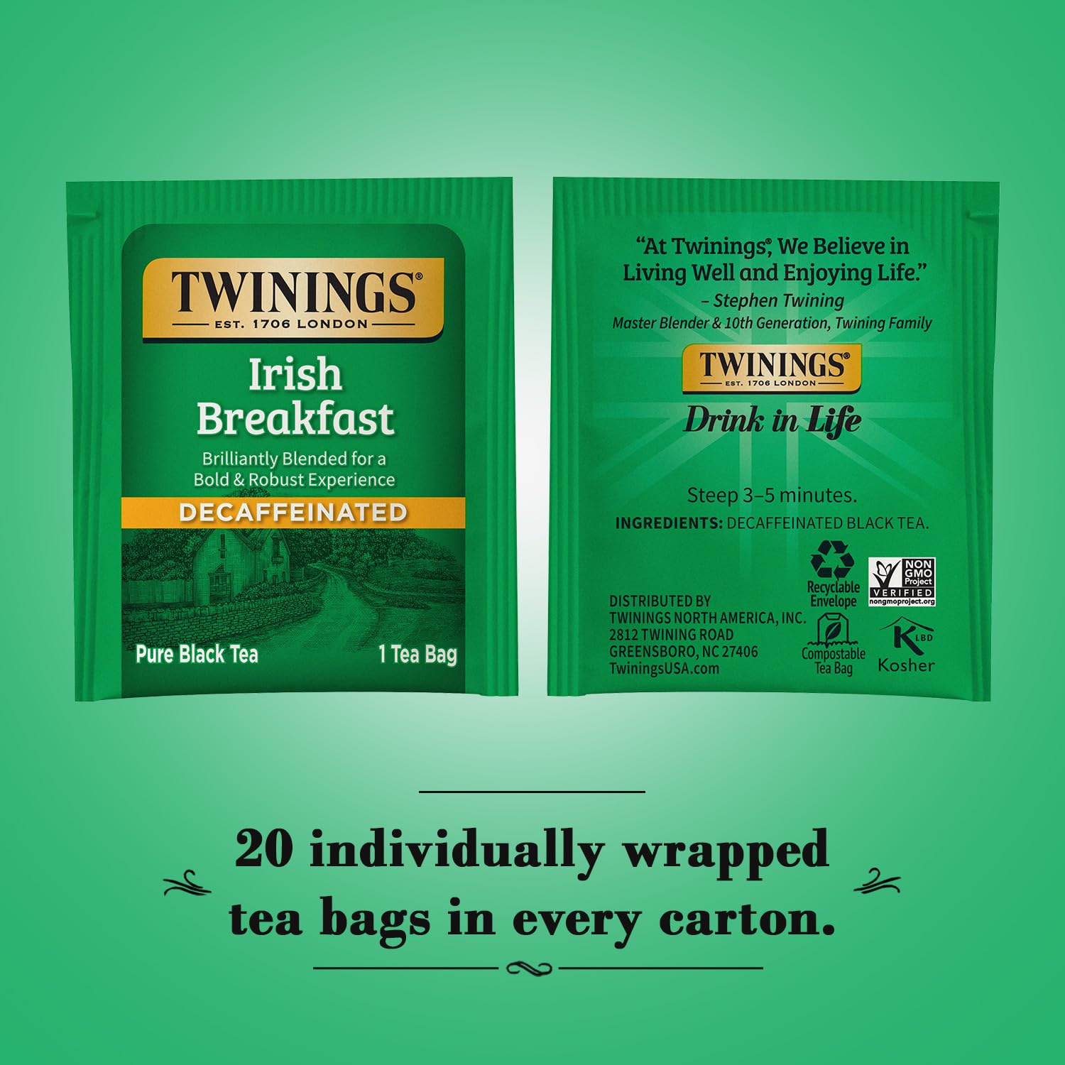 Twinings Irish Breakfast cup steaming, inviting a rich, caffeine-free tea moment.