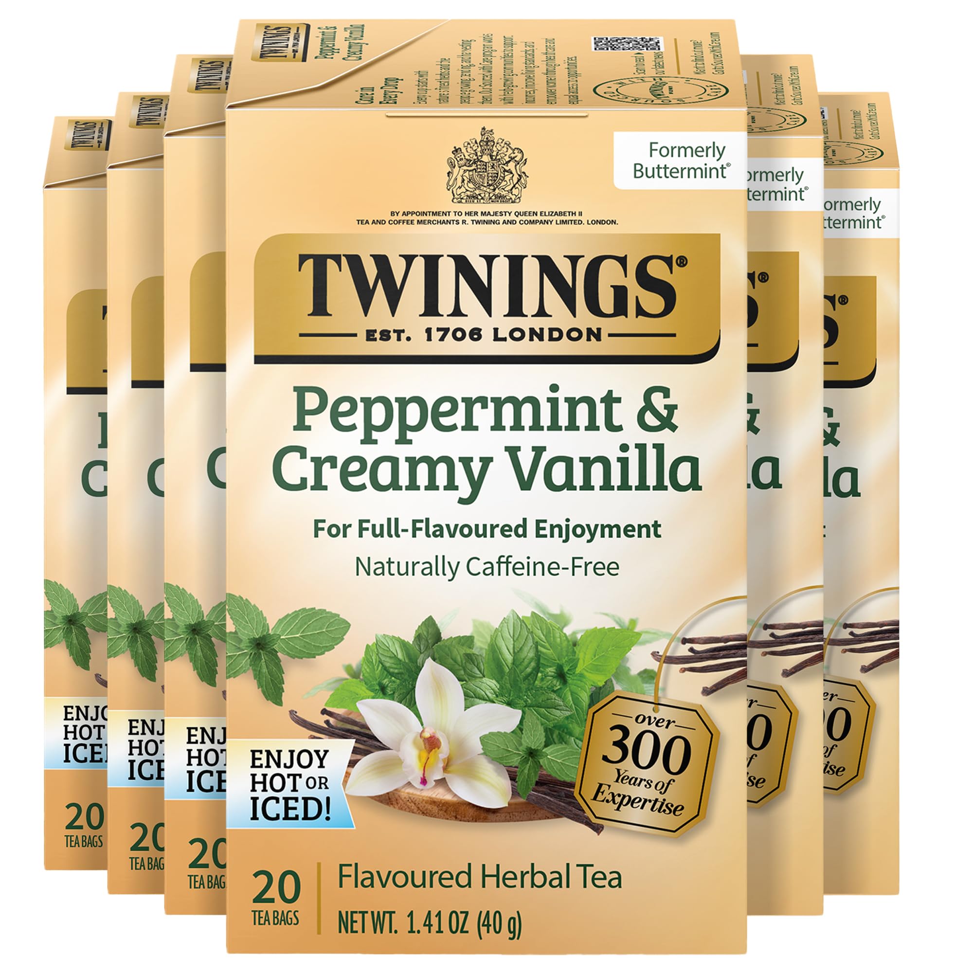 Twinings Peppermint Creamy Vanilla tea boxes in a six-pack for value.