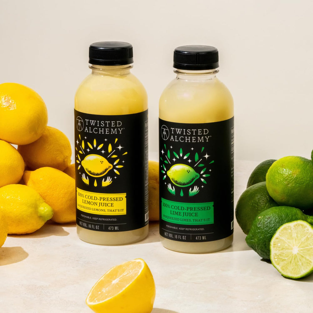 Twisted Alchemy lemon juice being poured into a shaker for cocktails