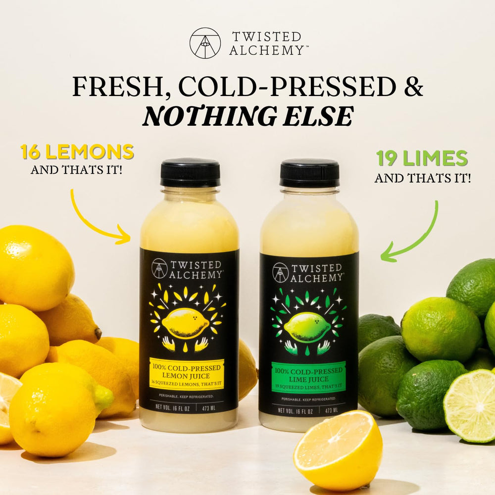 Twisted Alchemy lemon juice bottle close-up shows preservative-free clarity