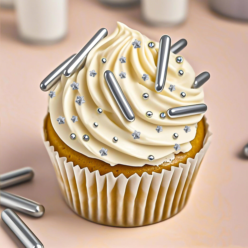 Twisweet Silver Pearl Rods on cake decorating idea add silver finish to cupcakes.