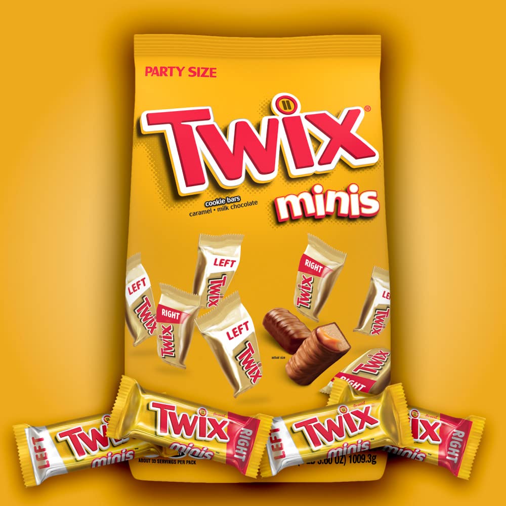 Twix Minis bag back view, portable snack in a resealable stand-up bag.