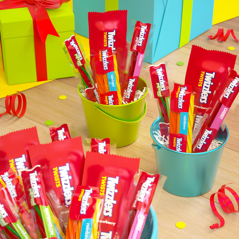 Twizzlers assorted flavors packaging, bulk candy for parties, Halloween, and stocking stuffers.