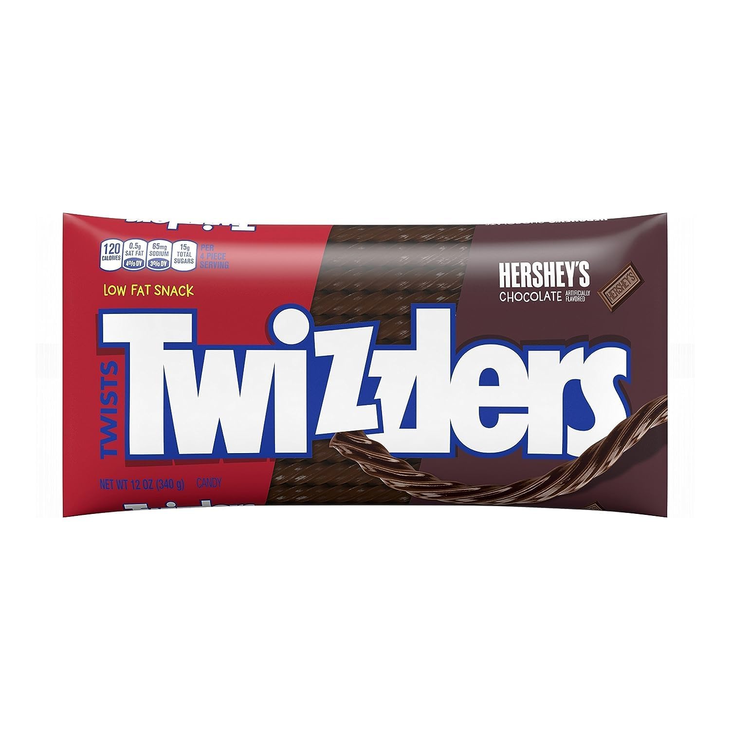 Twizzlers Chocolate Flavored Twists on shelf packaging highlights a low-fat snack option.