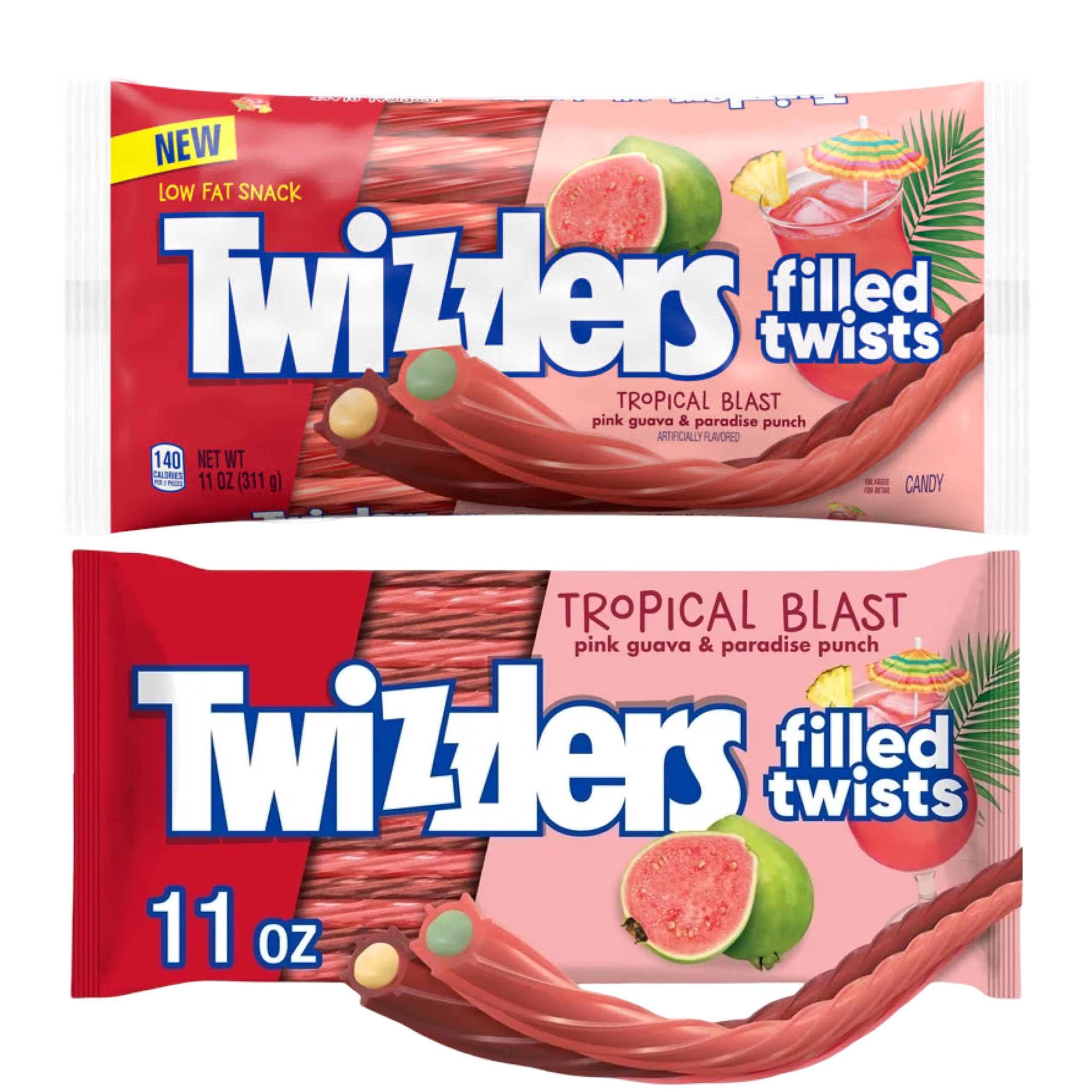 Twizzlers Tropical Blast Filled Twists front view showcasing tropical filling and chewy texture for snacking.