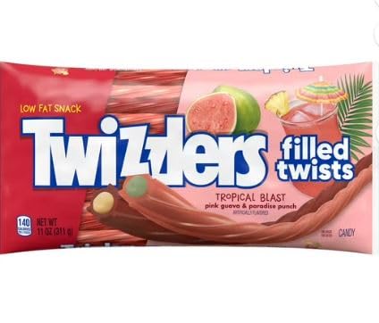 Twizzlers Tropical Blast Filled Twists on a plate, perfect for road trips and movie nights.