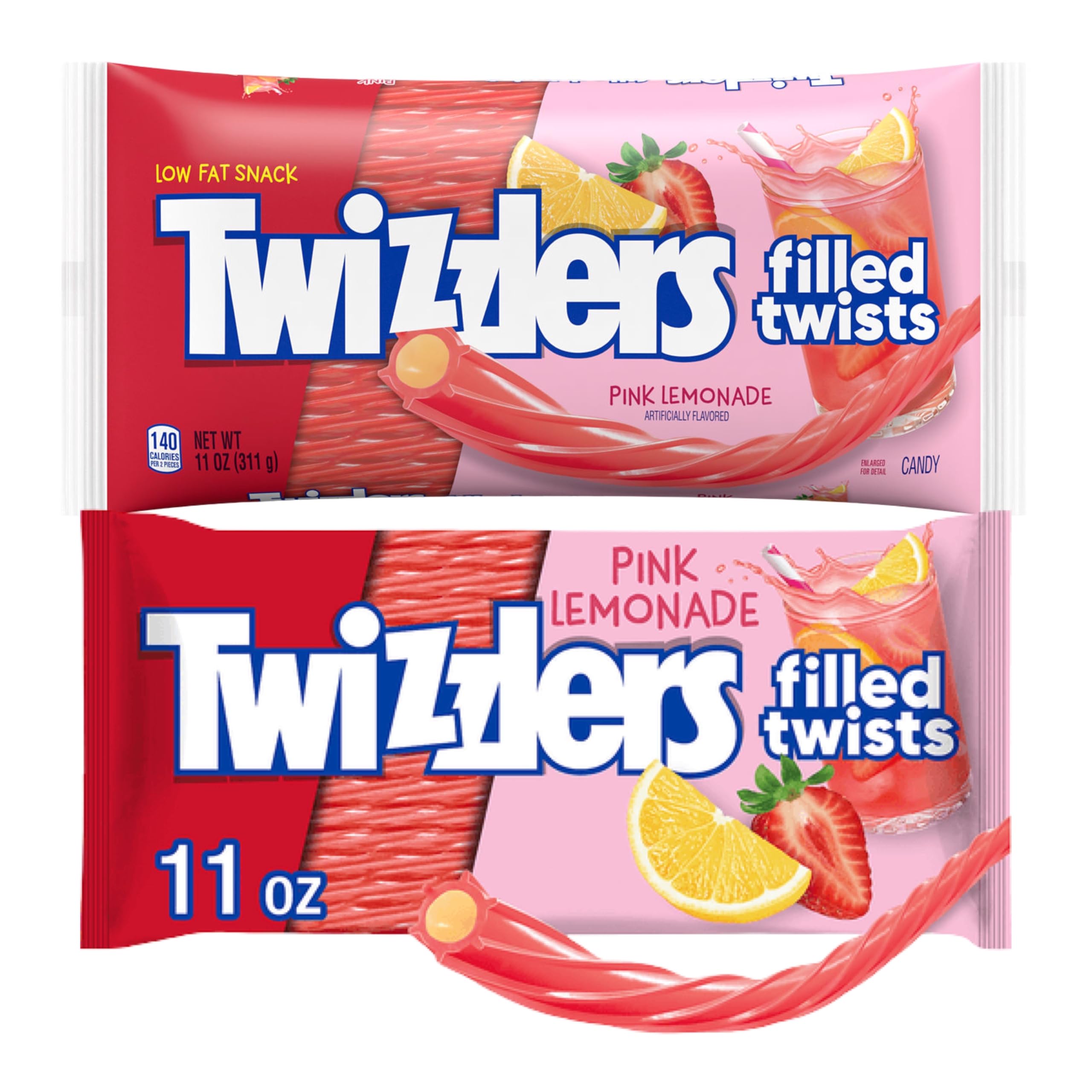Twizzlers licorice filled twists in pink lemonade flavor, two-pack, ideal for party snacking and gifting.