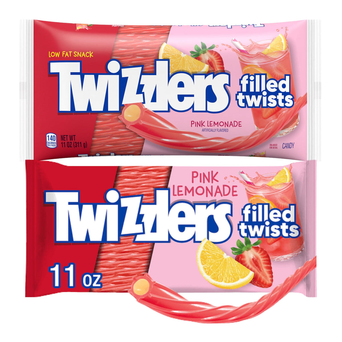 Twizzlers licorice filled twists in pink lemonade flavor, two-pack, ideal for party snacking and gifting.