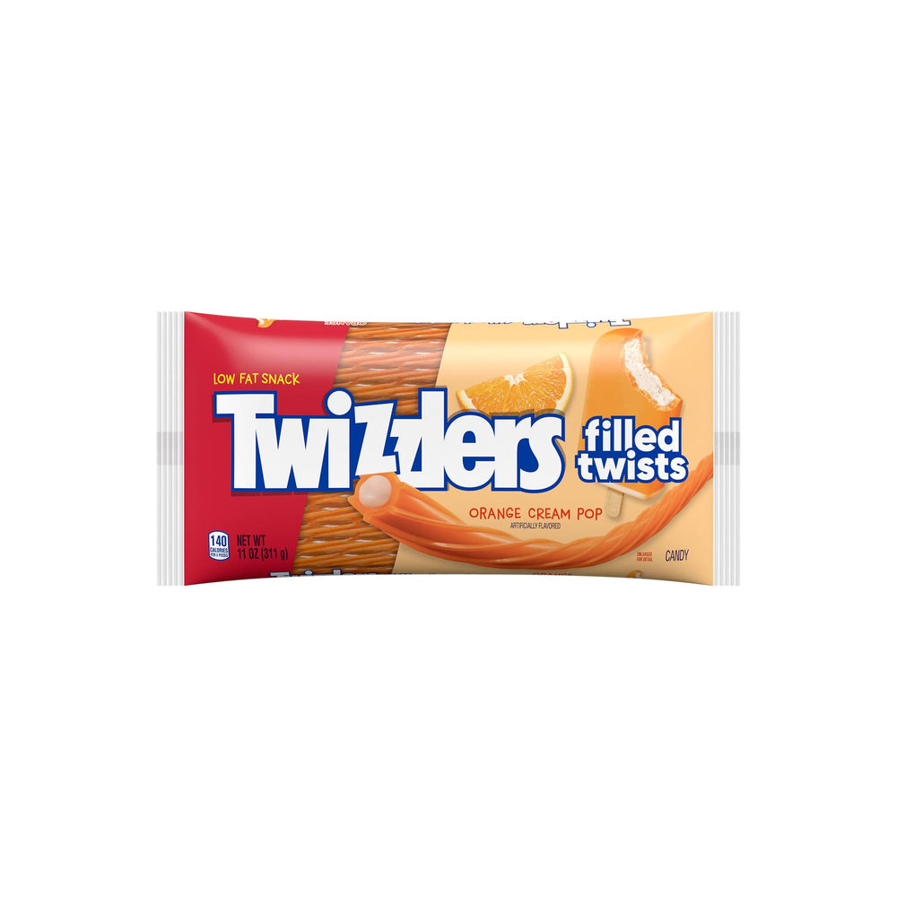 Twizzlers Orange Cream Twists close-up of outer layer with tangy orange and creamy center.