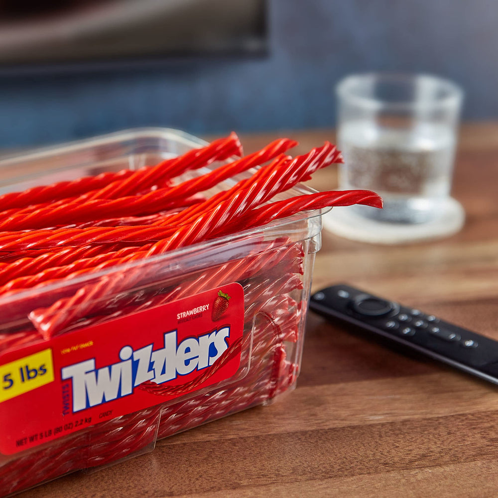 Twizzlers Twists Strawberry bulk tub, sealed for freshness and kosher certified.