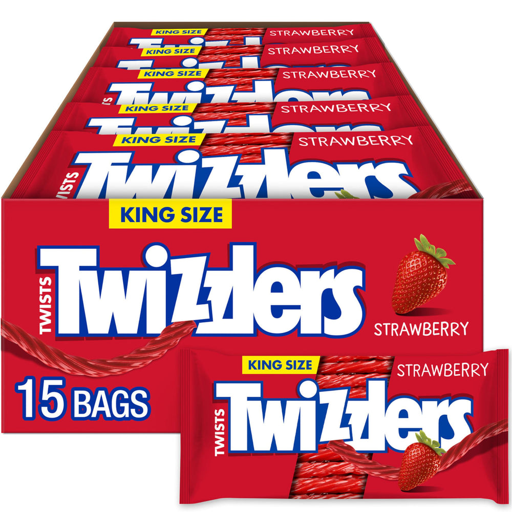 Twizzlers Twists Strawberry King Size candy packs in bulk box for sharing.