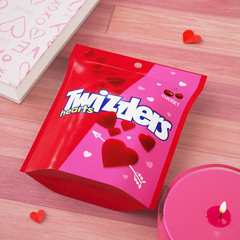 Twizzlers Valentine display with cherry hearts adding color to dessert table.