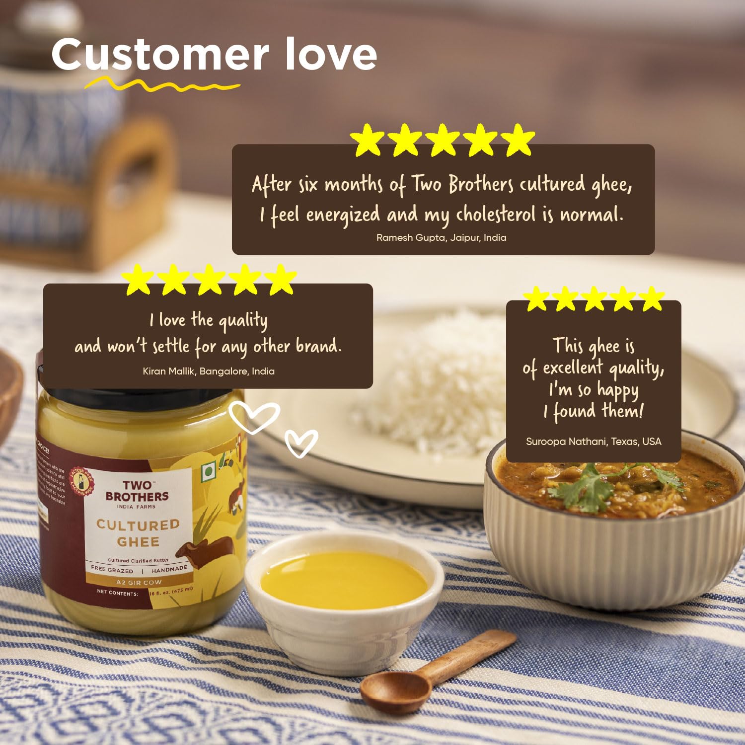 Two Brothers India Farms A2 Ghee pouring image shows a clean, lactose-reduced option.