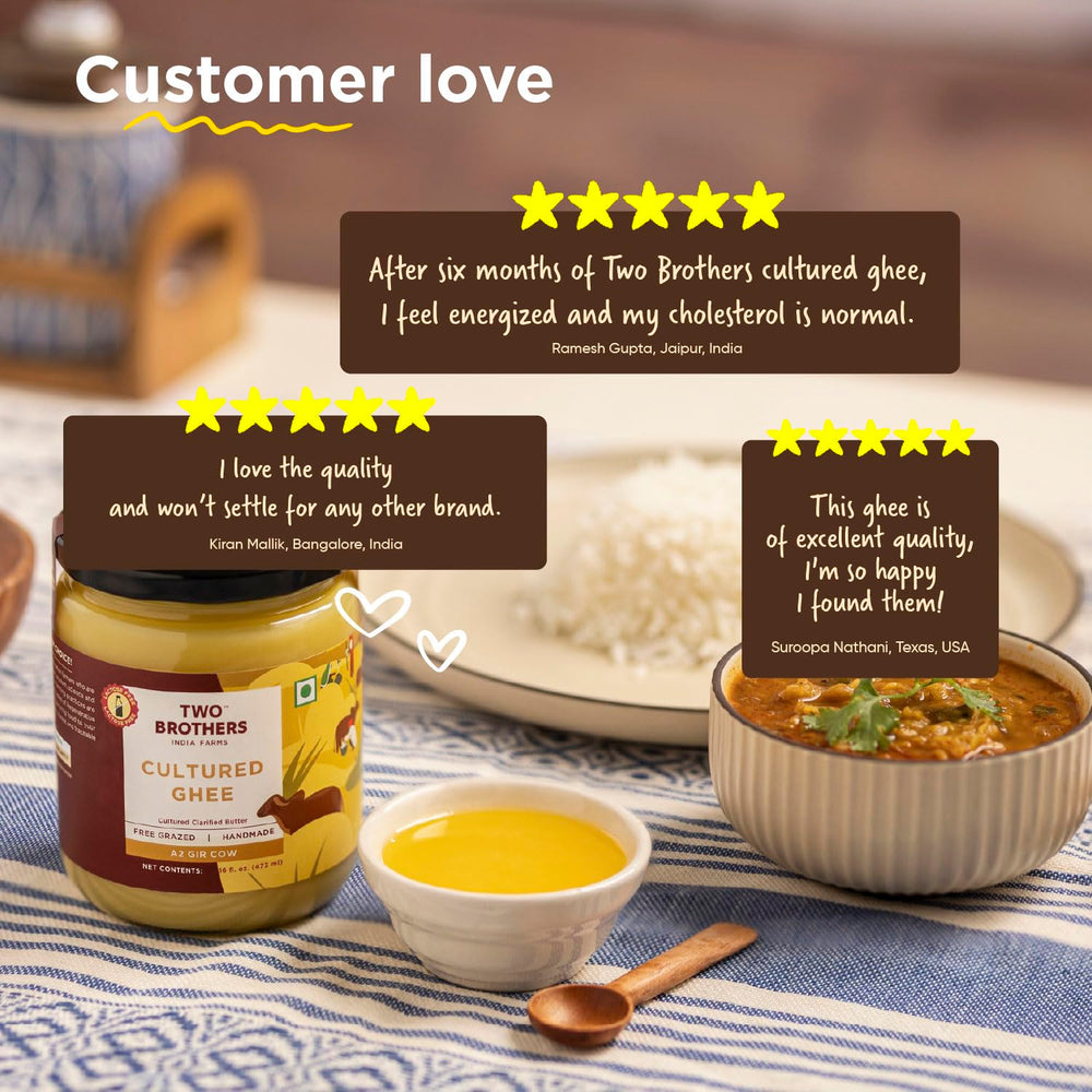 Two Brothers India Farms A2 Ghee pouring image shows a clean, lactose-reduced option.