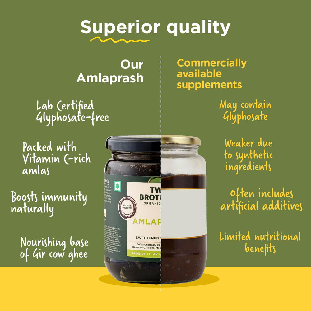 Two Brothers India Farms Chyawanprash 40 herbs label underlines traditional blend with no additives.
