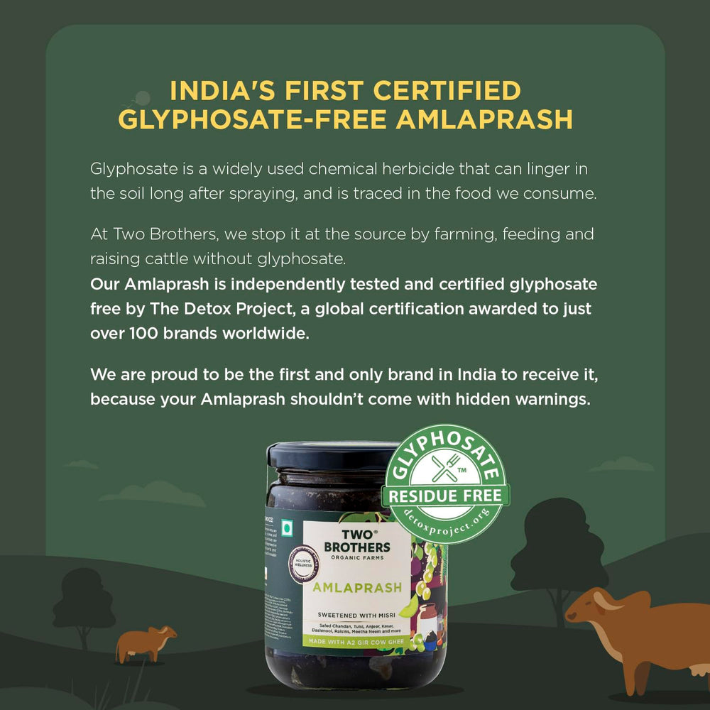 Two Brothers India Farms Chyawanprash desi ghee bottle, premium ghee used in the formula.