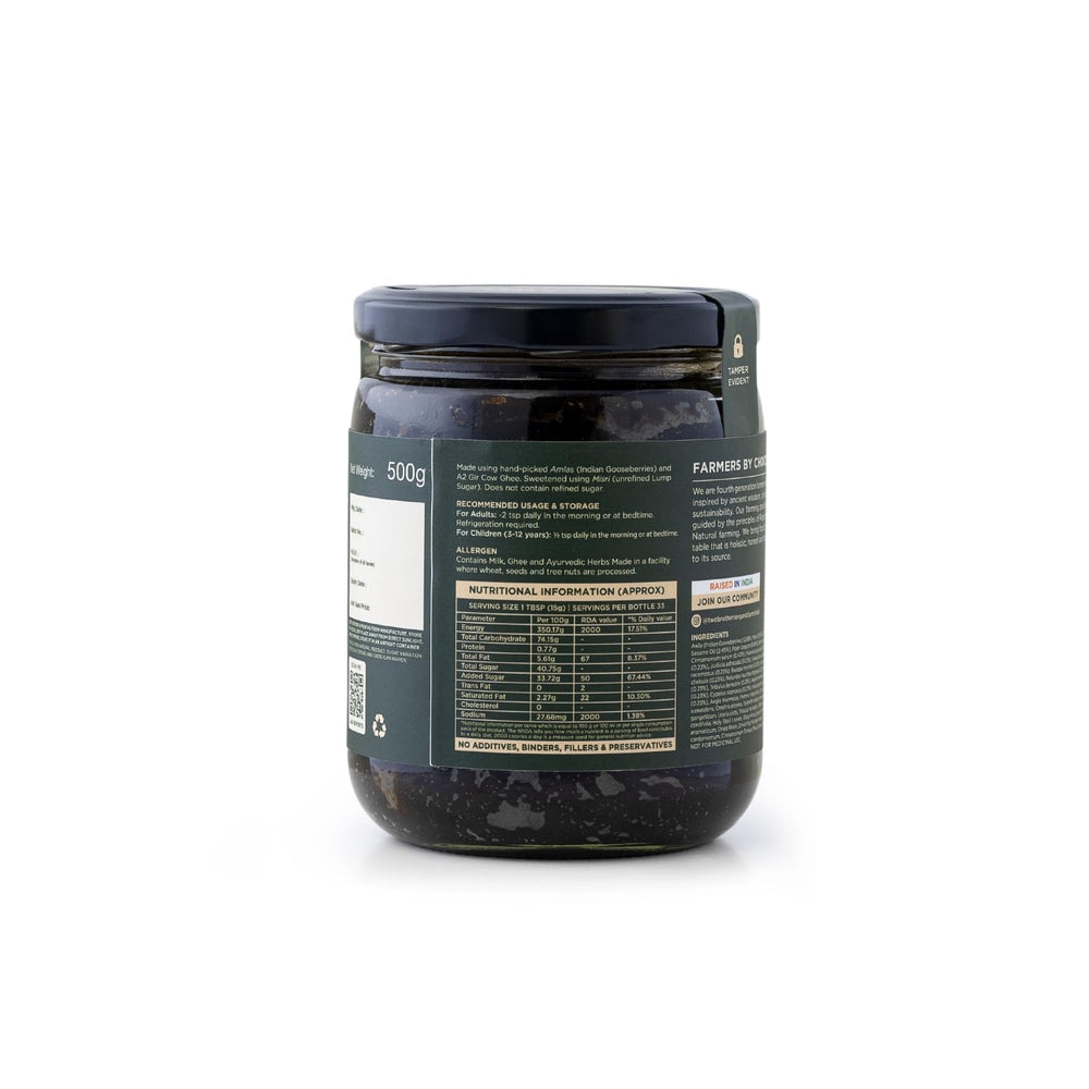 Two Brothers India Farms Chyawanprash spoon dipping jar image, convenient daily serving for busy mornings.