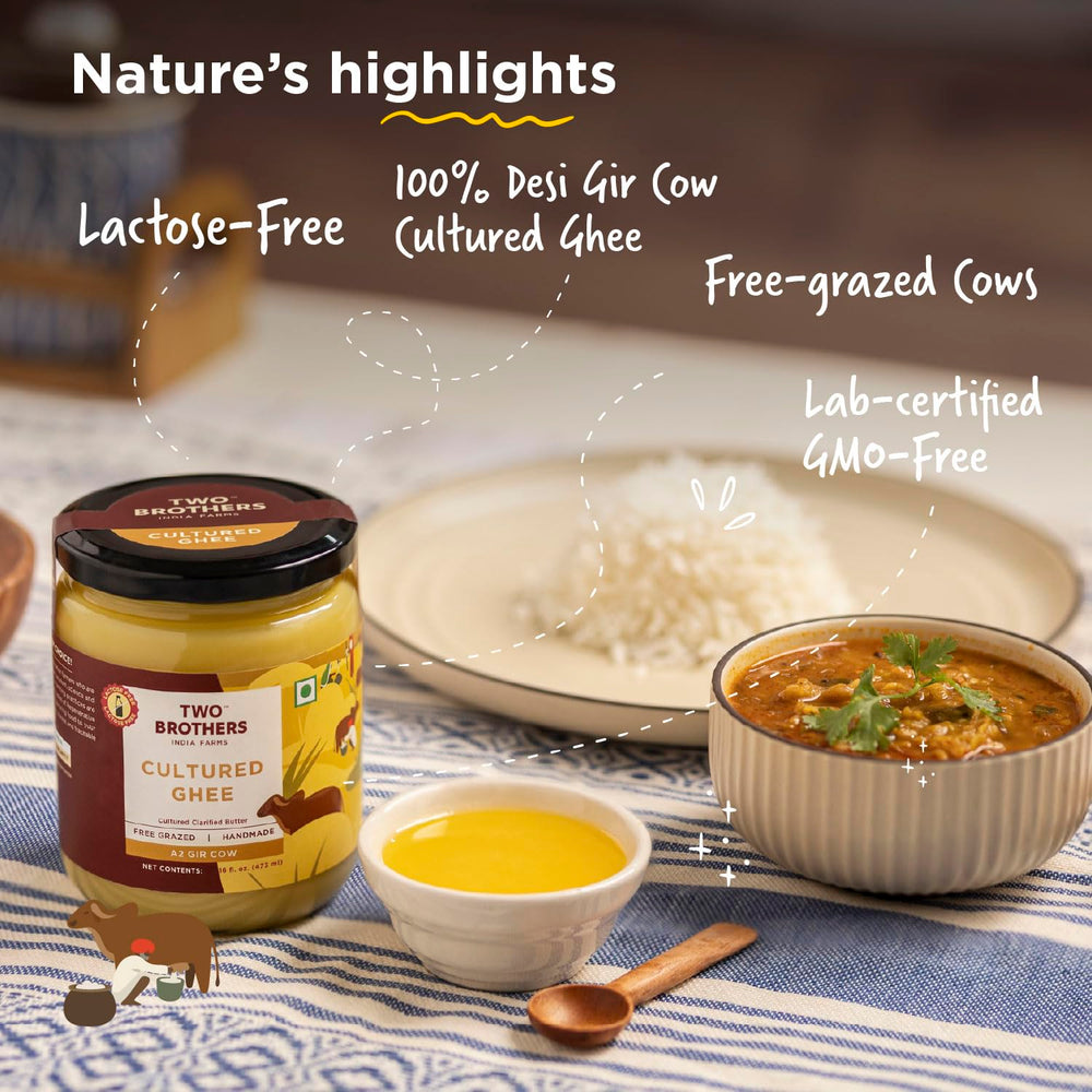 Two Brothers India Farms Gir cow A2 Ghee jar showcases pure grass-fed goodness.