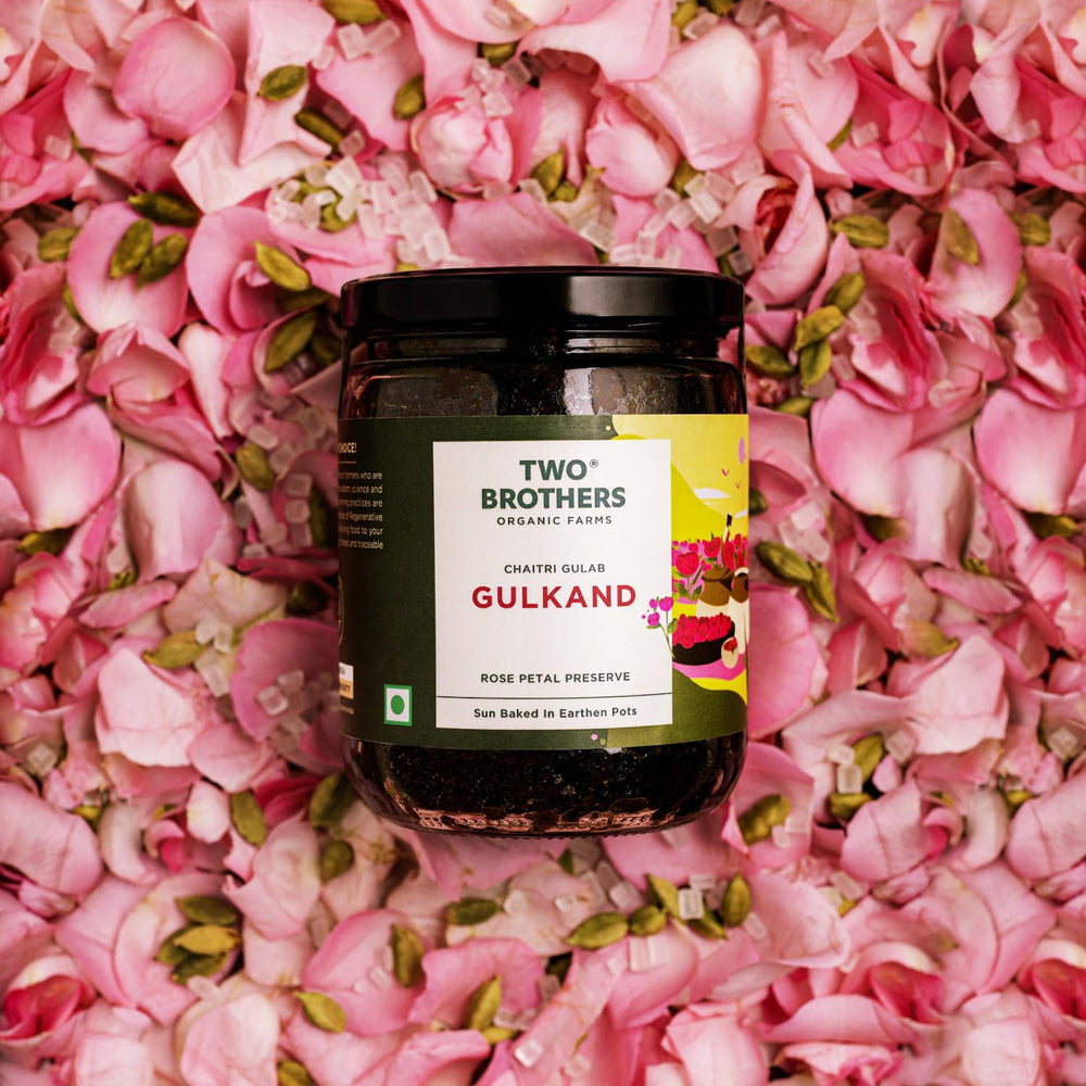 Two Brothers India Farms gulkand tea serving, fragrant pairing.