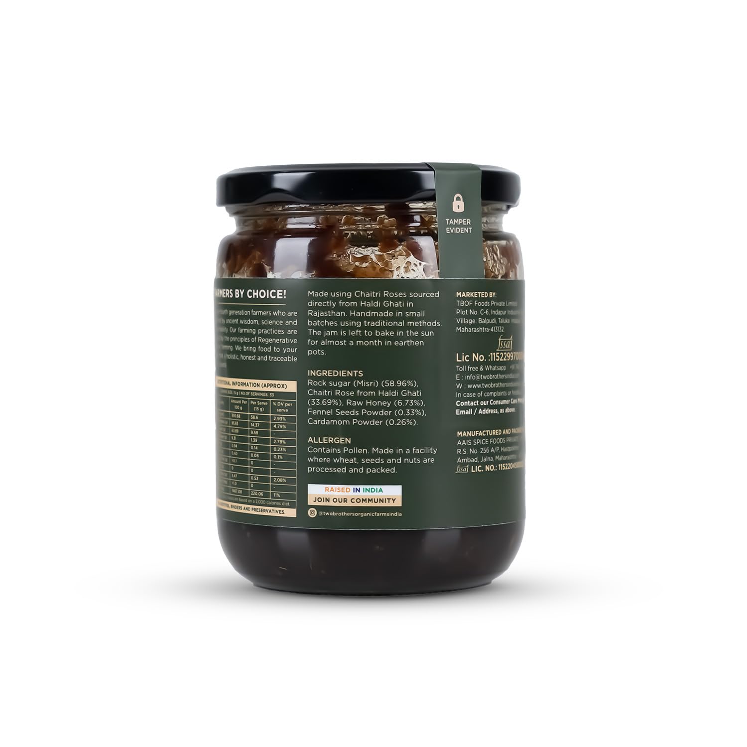 Two Brothers India Farms rose petal gulkand jar closeup showing texture.