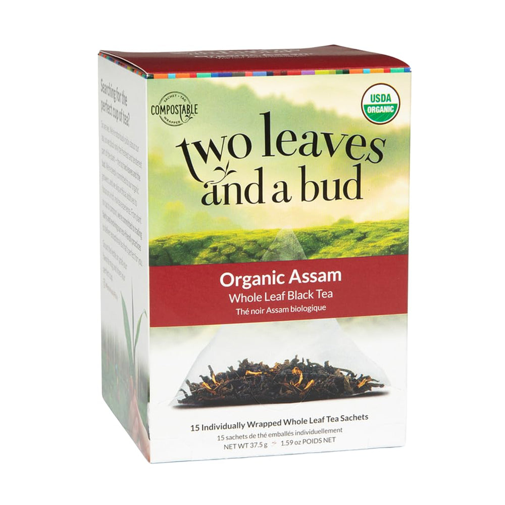 Two Leaves and a Bud Assam tea bags in pyramid sachets for full flavor