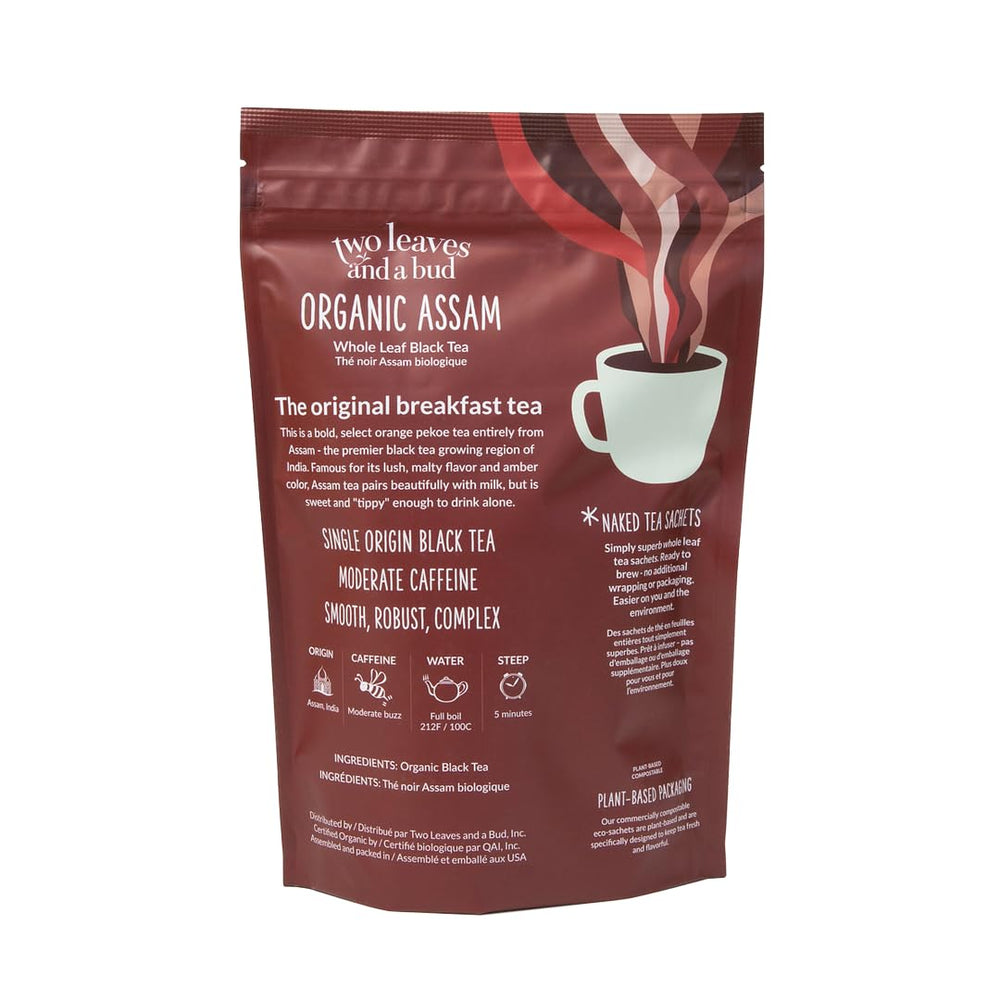 Two Leaves and a Bud Assam tea pyramid sachets infusing fuller flavor