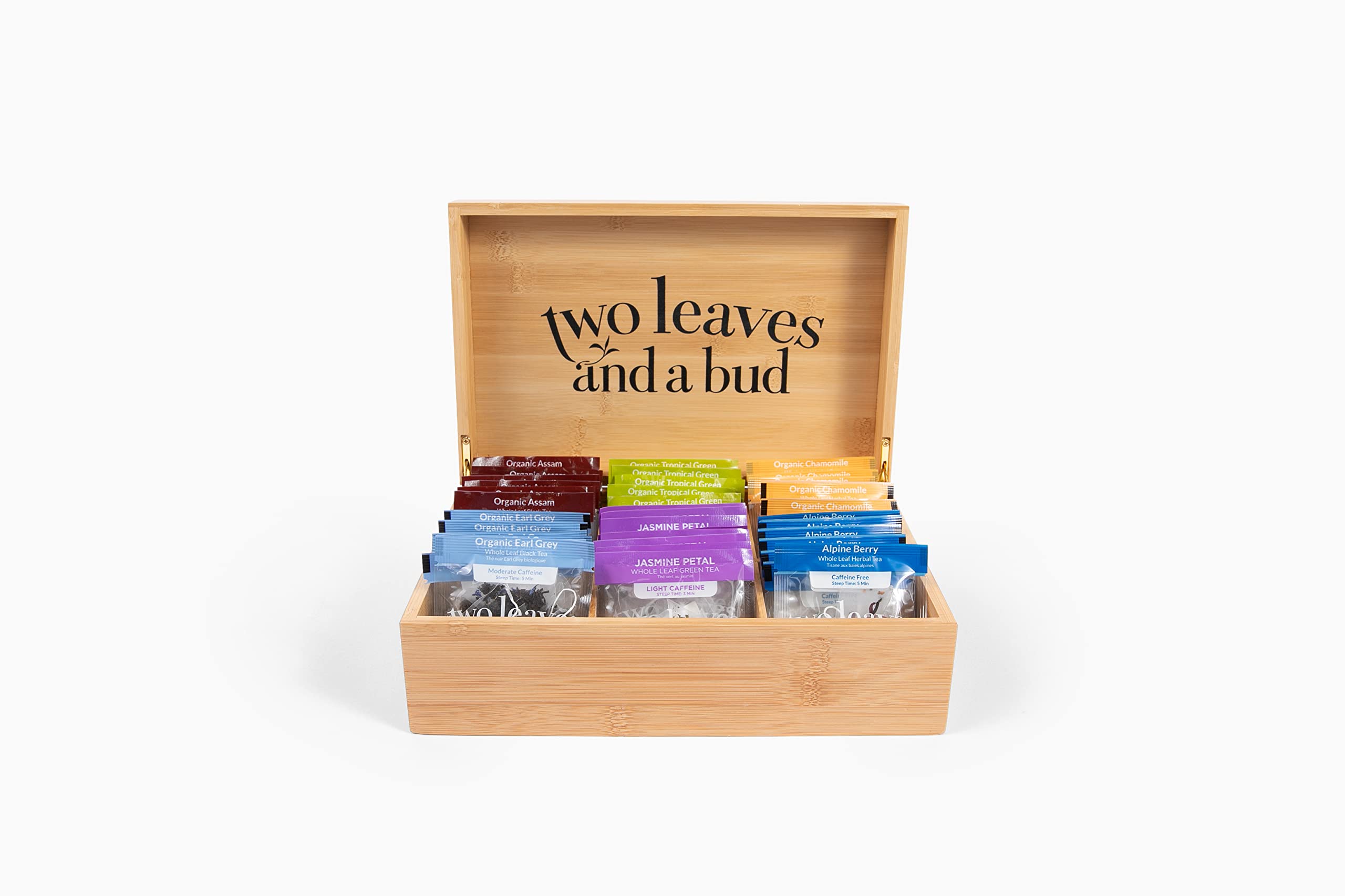Two Leaves and a Bud branding on the box communicates quality and care
