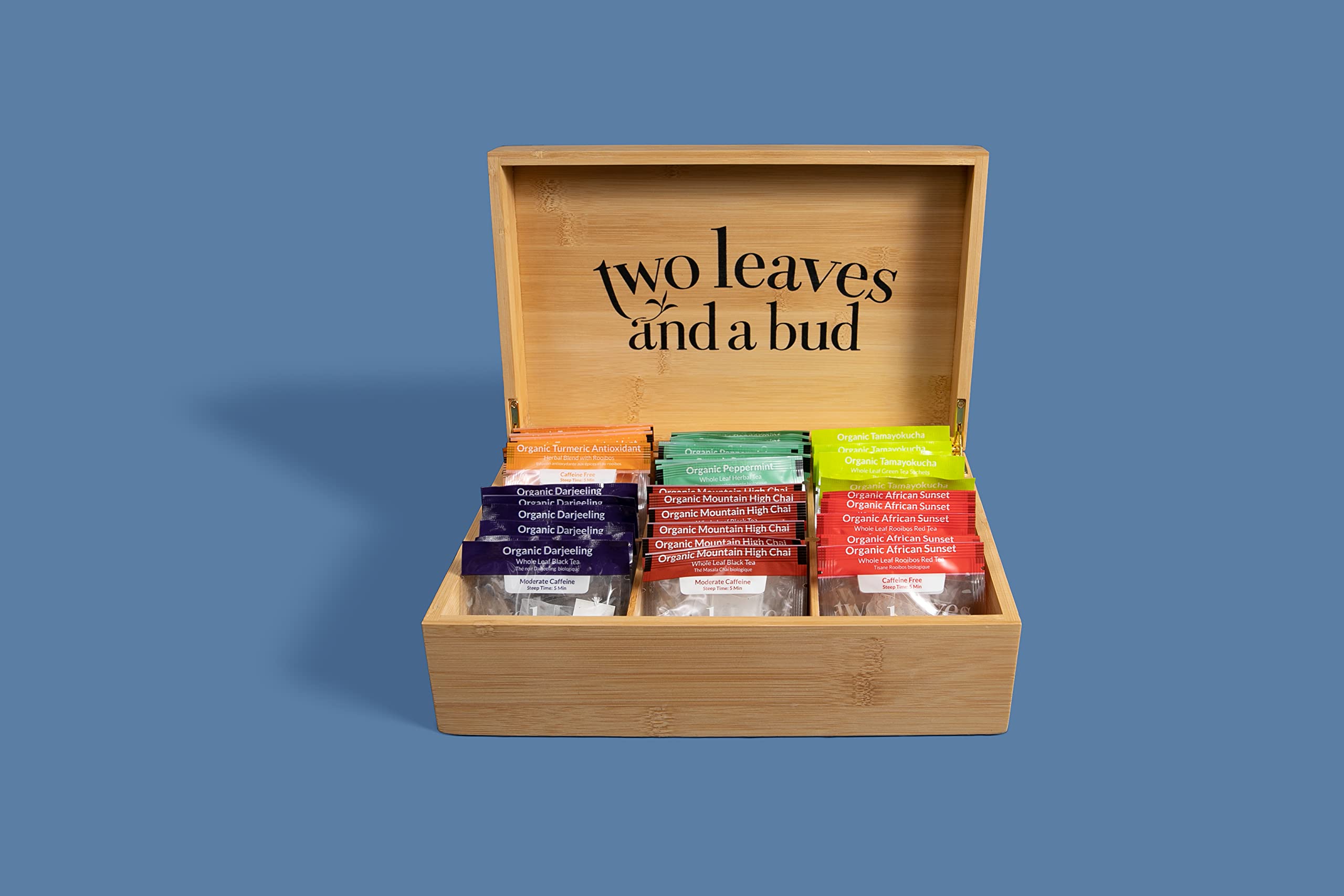 Two Leaves and a Bud eco-sachets wrap highlights compostable packaging