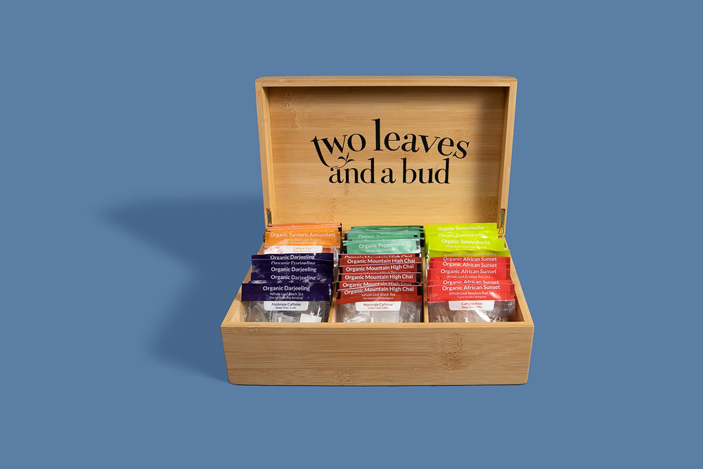 Two Leaves and a Bud eco-sachets wrap highlights compostable packaging
