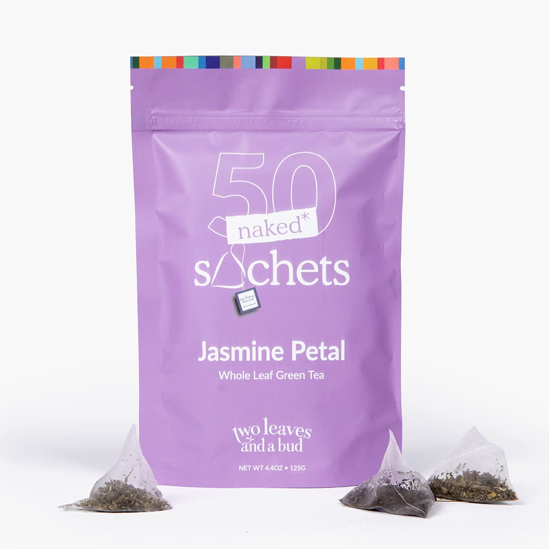 Two Leaves and a Bud jasmine tea sachets with jasmine petals offer a fragrant morning infusion