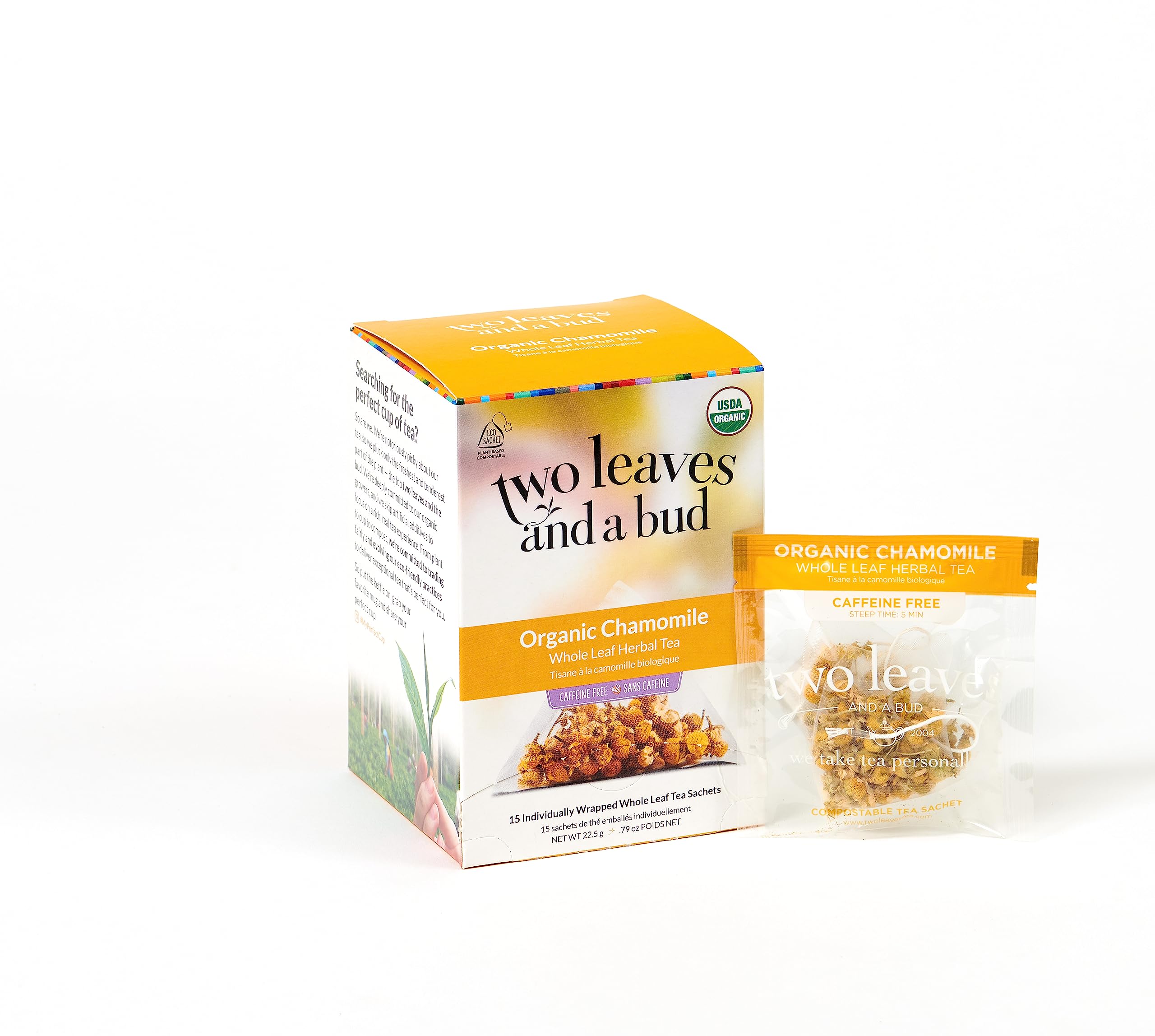 Two Leaves and a Bud organic chamomile ingredients pictured for pure aroma.