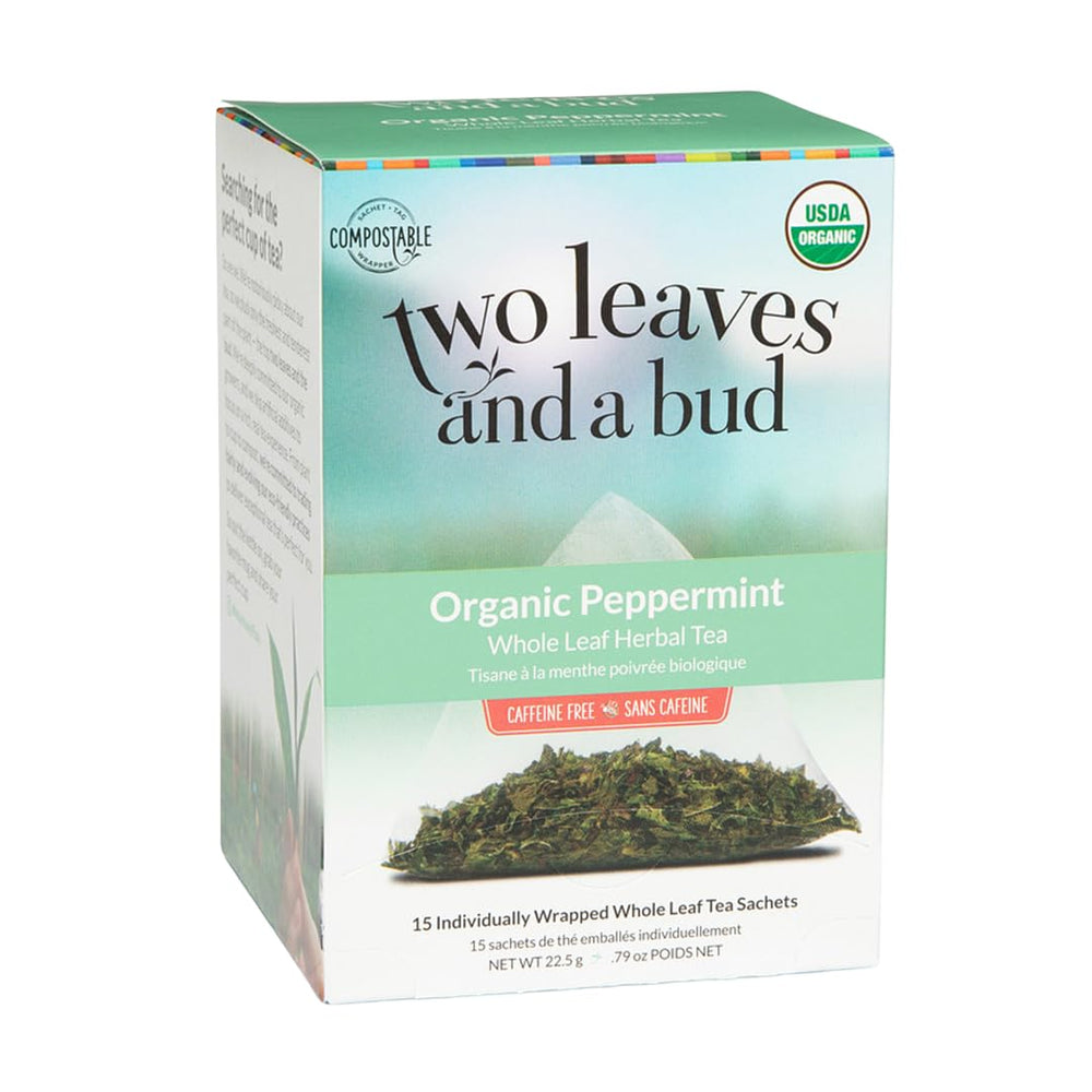 Two Leaves and a Bud organic peppermint tea bags for caffeine-free calm.
