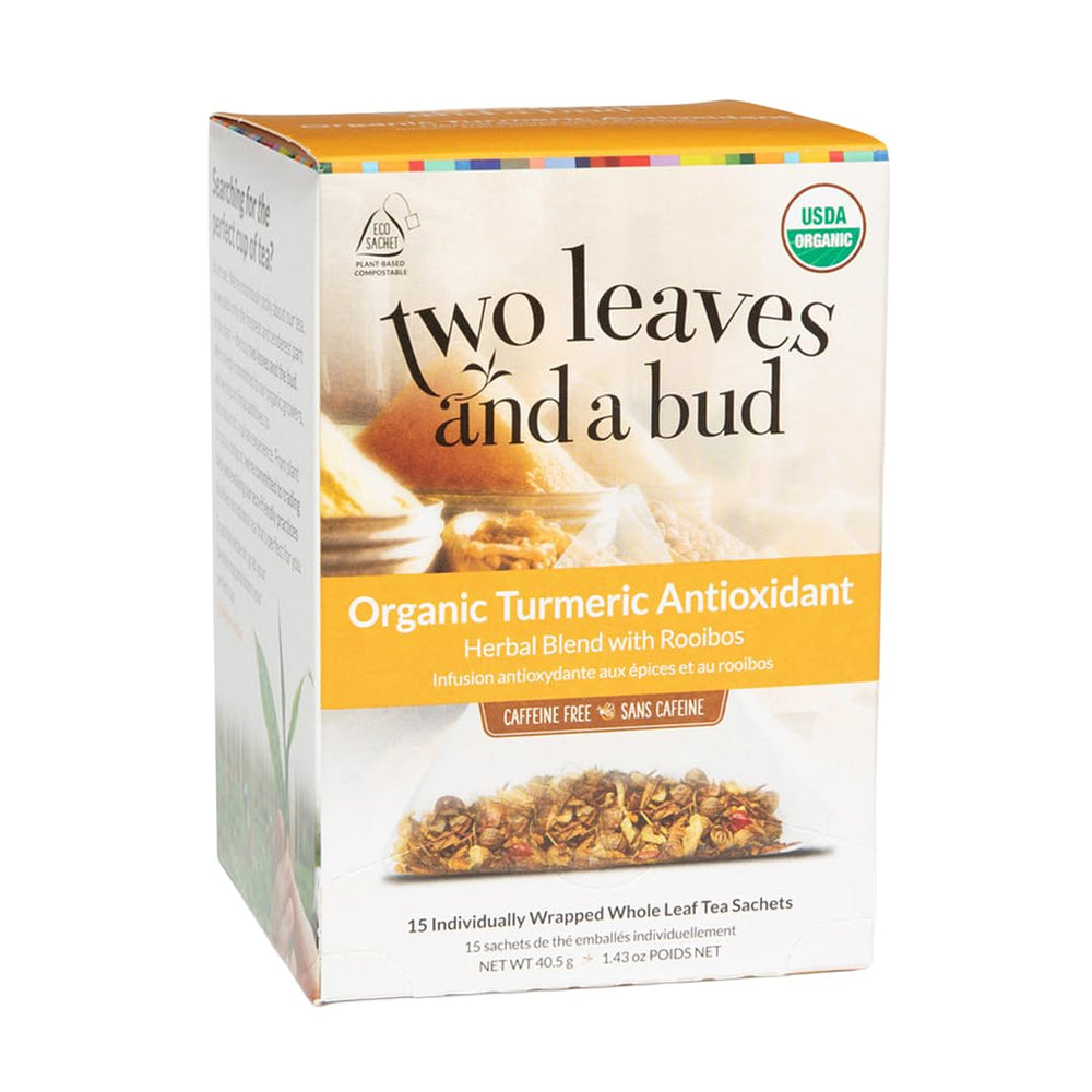 Two Leaves and a Bud organic turmeric tea pack shot, caffeine-free herbal blend.