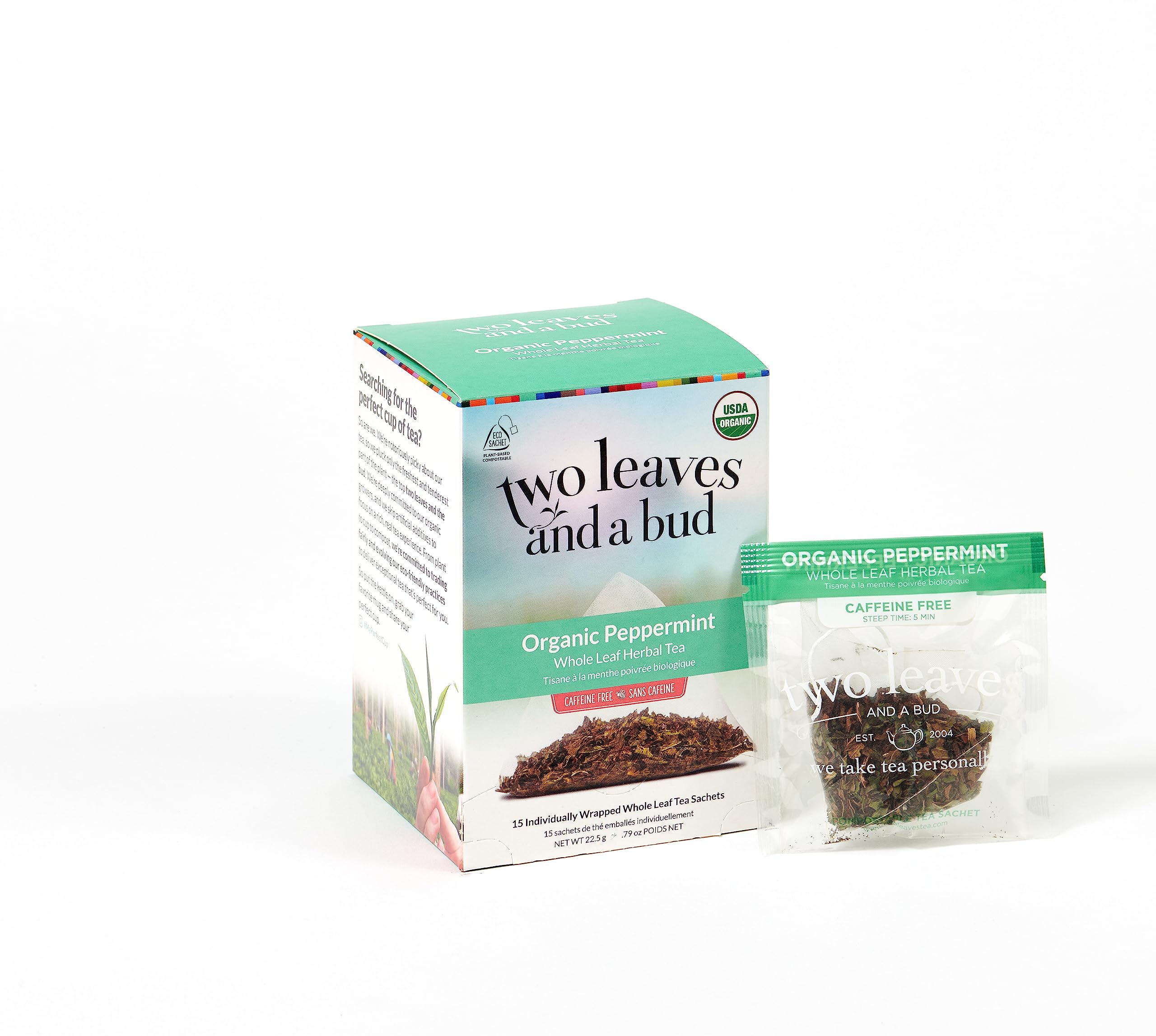 Two Leaves and a Bud fresh peppermint tea bags on a kitchen counter.